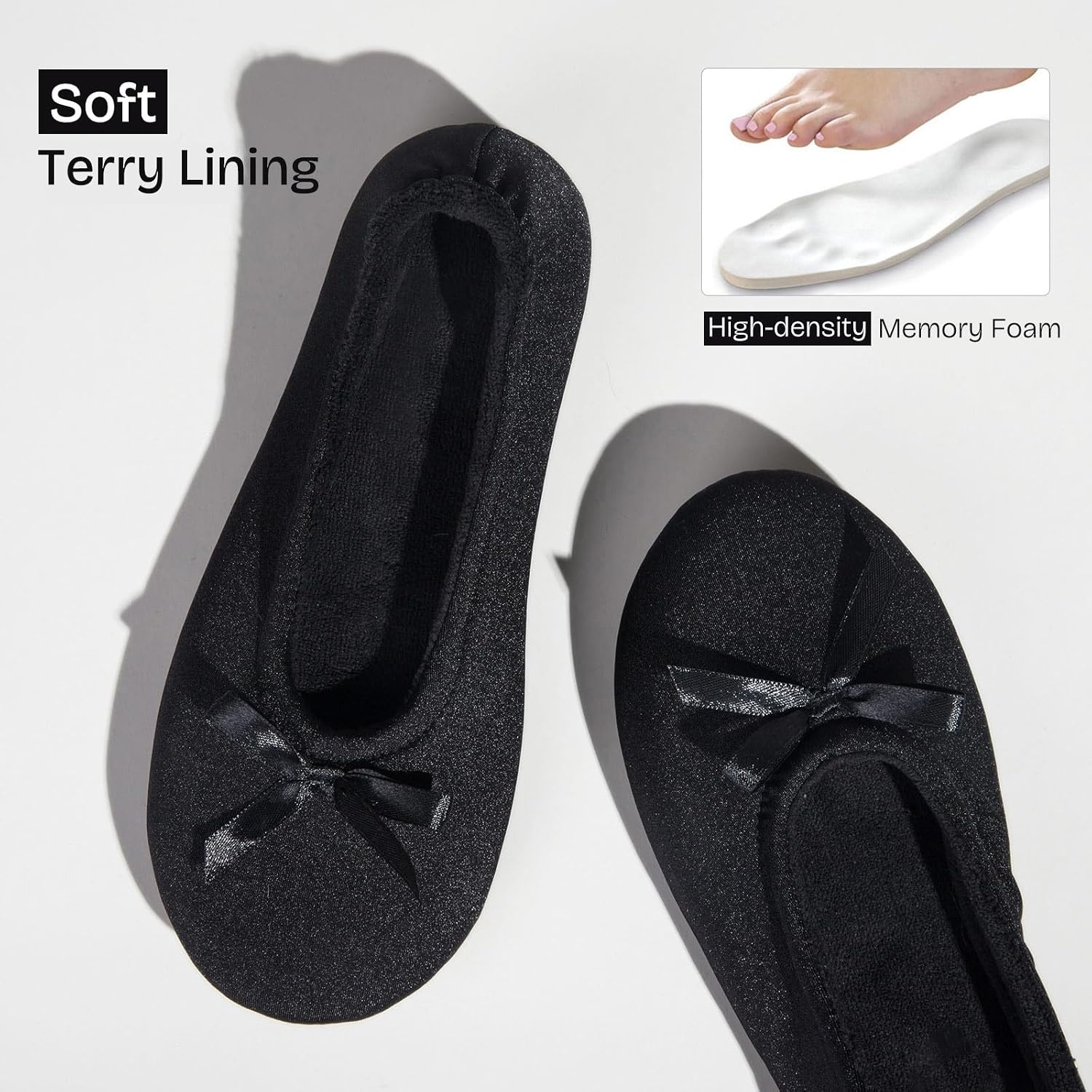 EverFoams Women’s Satin Memory Foam Ballerina Slippers Comfortable House Indoor Shoes with Non-slip Rubber Sole(Black)