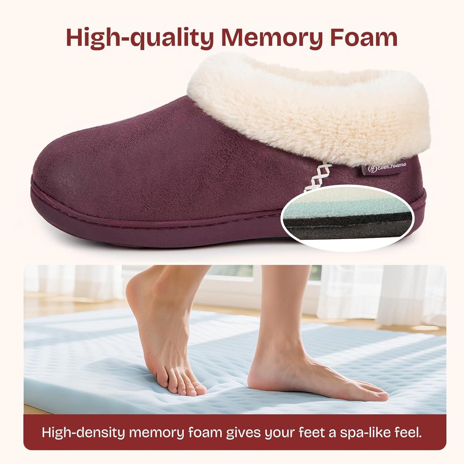 EverFoams Women’s Microsuede Cozy Memory Foam Winter Slippers with Fuzzy Faux Fur Collar and Indoor Outdoor Rubber Sole(Purple)