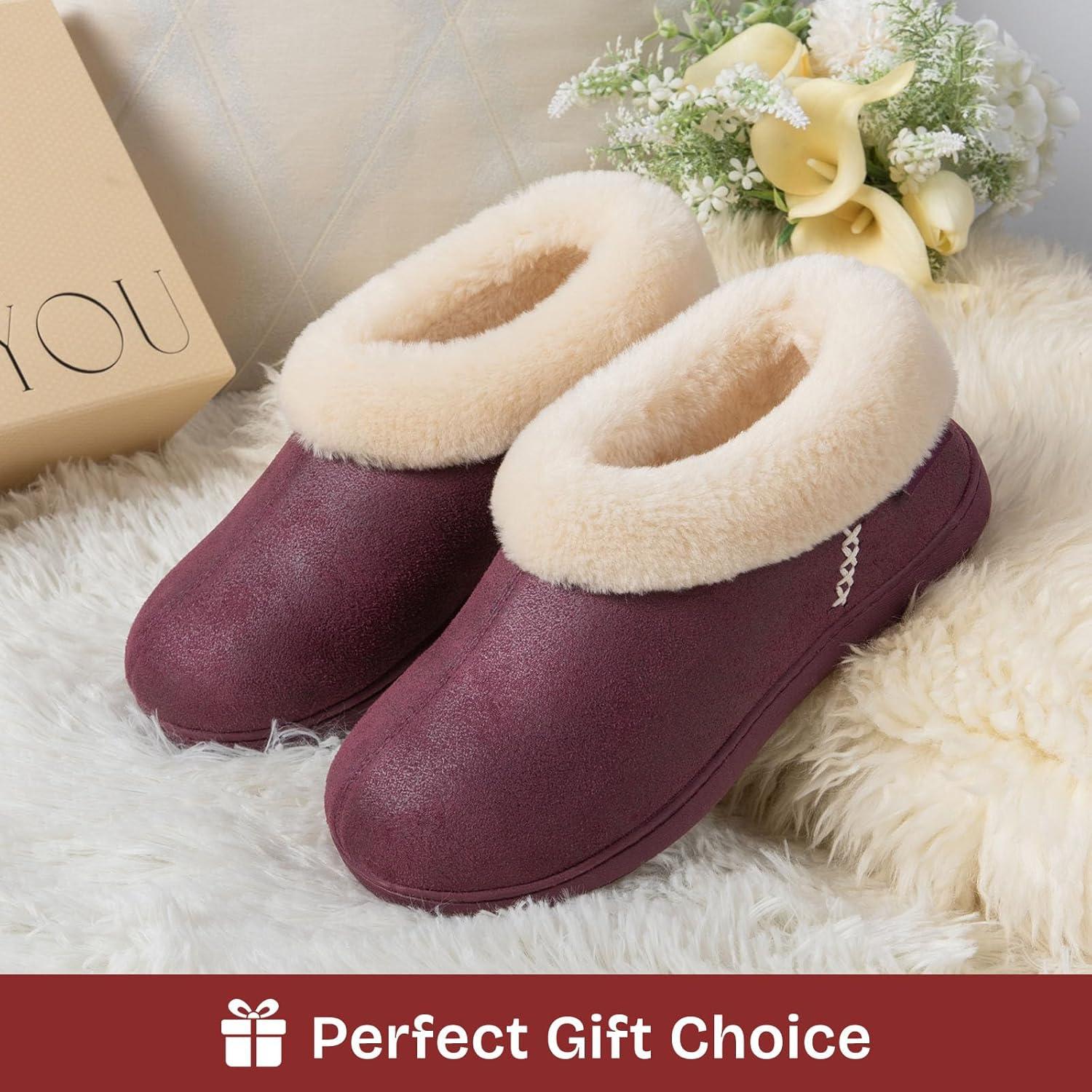 EverFoams Women’s Microsuede Cozy Memory Foam Winter Slippers with Fuzzy Faux Fur Collar and Indoor Outdoor Rubber Sole(Purple)