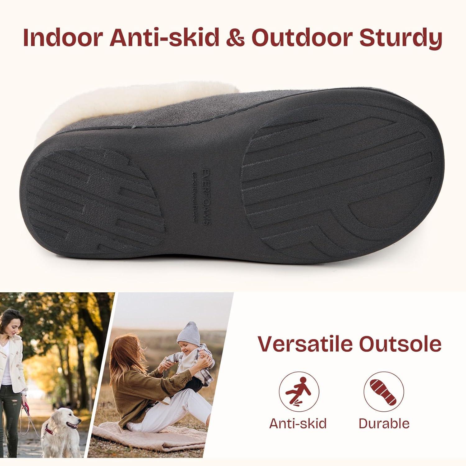 EverFoams Women’s Microsuede Cozy Memory Foam Winter Slippers with Fuzzy Faux Fur Collar and Indoor Outdoor Rubber Sole(Dark Grey)