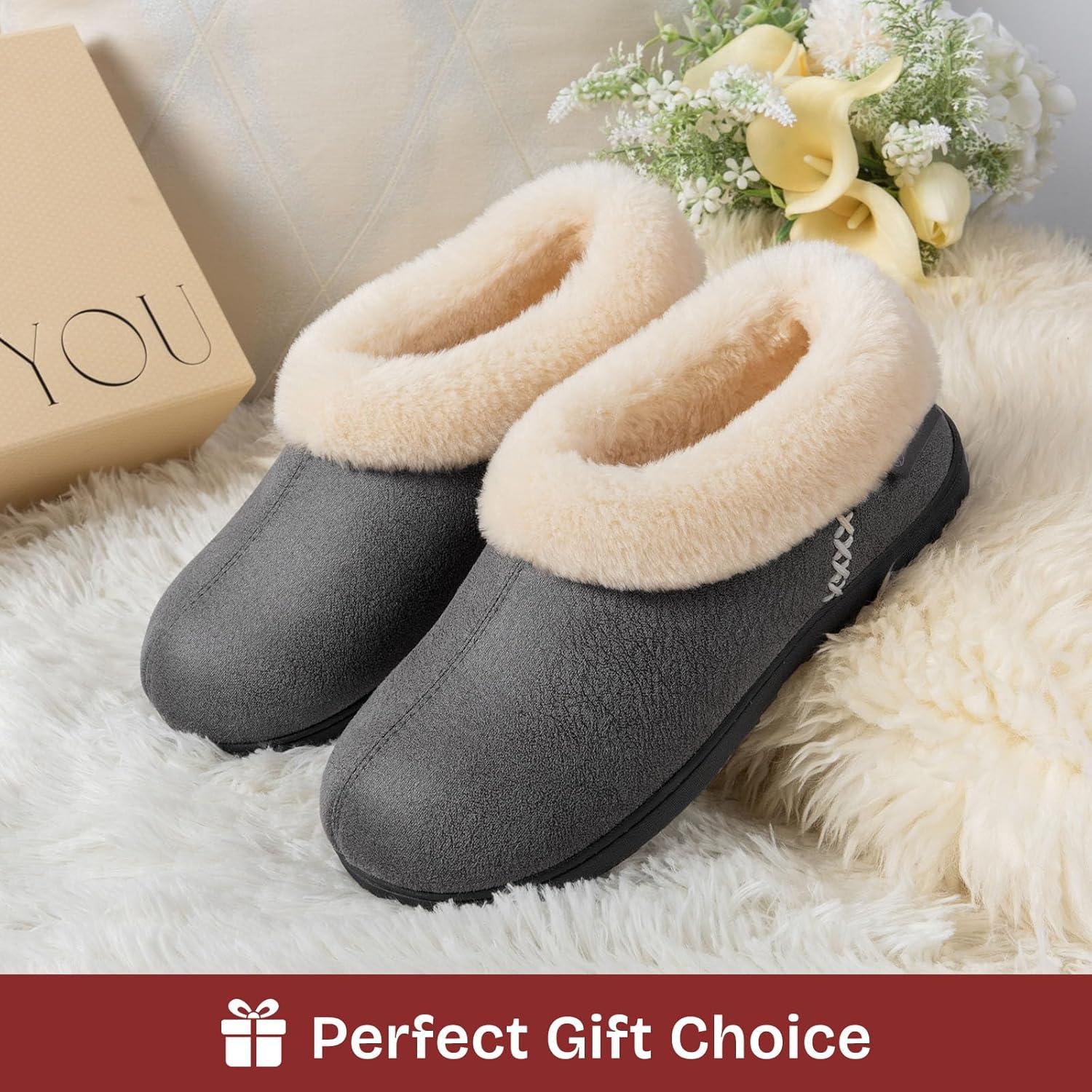 EverFoams Women’s Microsuede Cozy Memory Foam Winter Slippers with Fuzzy Faux Fur Collar and Indoor Outdoor Rubber Sole(Dark Grey)
