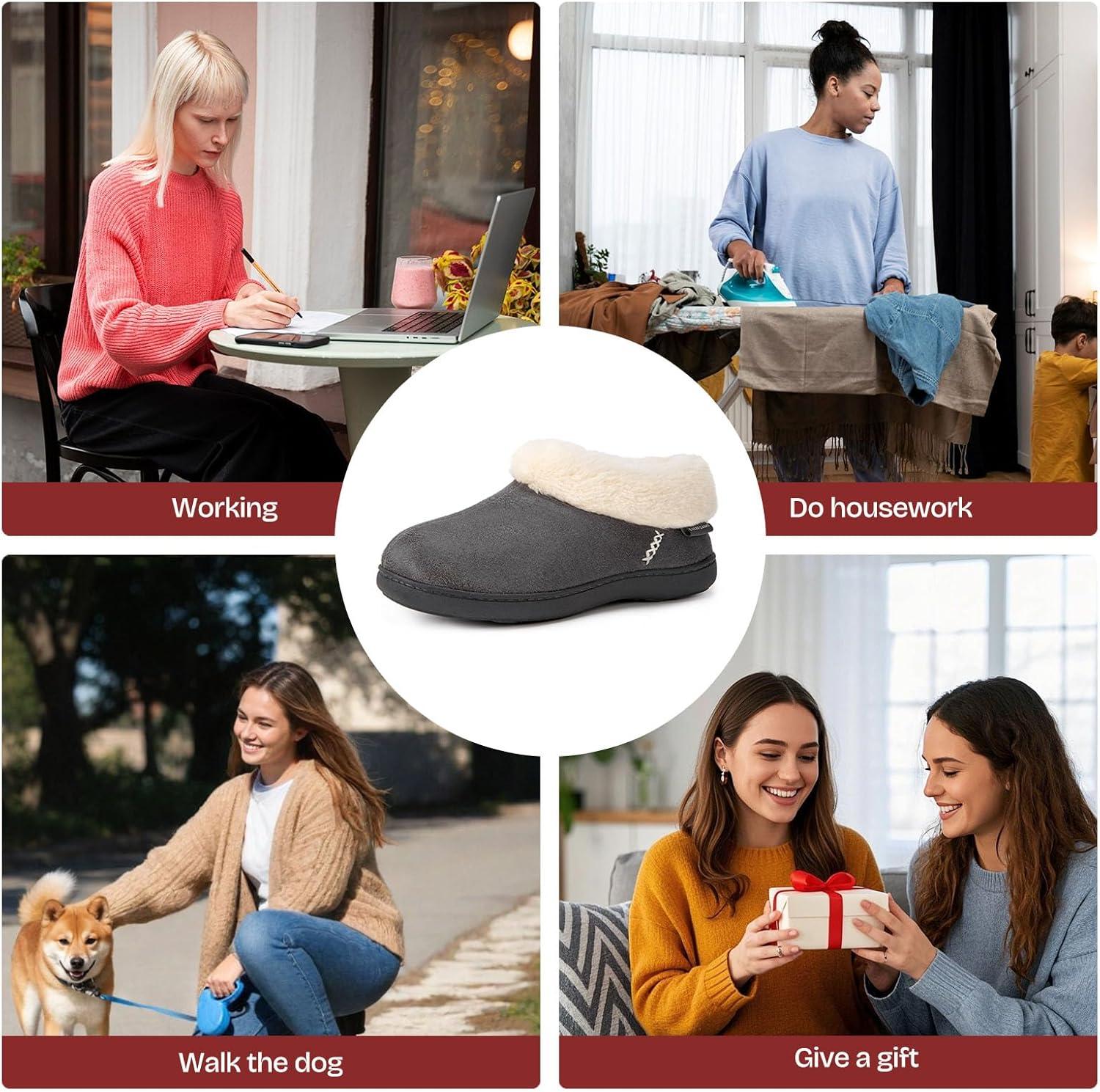 EverFoams Women’s Microsuede Cozy Memory Foam Winter Slippers with Fuzzy Faux Fur Collar and Indoor Outdoor Rubber Sole(Dark Grey)
