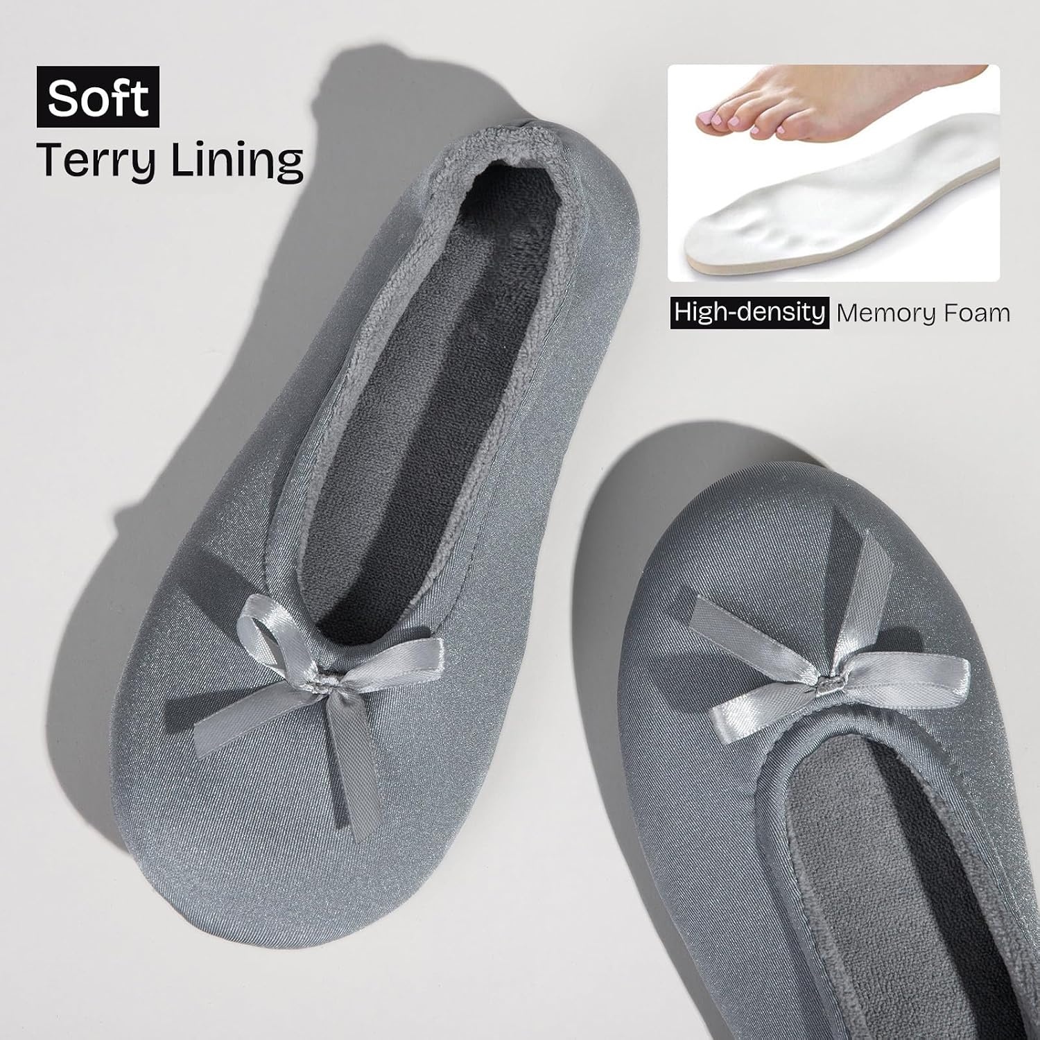 EverFoams Women’s Satin Memory Foam Ballerina Slippers Comfortable House Indoor Shoes with Non-slip Rubber Sole(Grey)