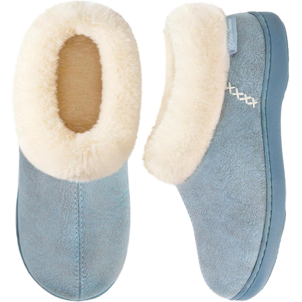 EverFoams Women’s Microsuede Cozy Memory Foam Winter Slippers with Fuzzy Faux Fur Collar and Indoor Outdoor Rubber Sole(Blue)