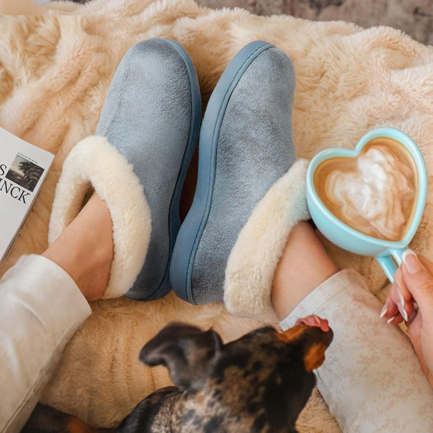 EverFoams Women’s Microsuede Cozy Memory Foam Winter Slippers with Fuzzy Faux Fur Collar and Indoor Outdoor Rubber Sole(Blue)