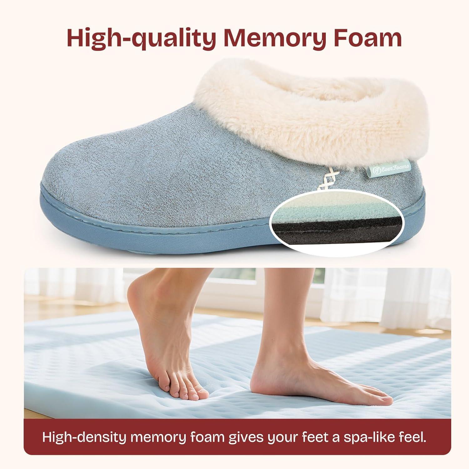 EverFoams Women’s Microsuede Cozy Memory Foam Winter Slippers with Fuzzy Faux Fur Collar and Indoor Outdoor Rubber Sole(Blue)