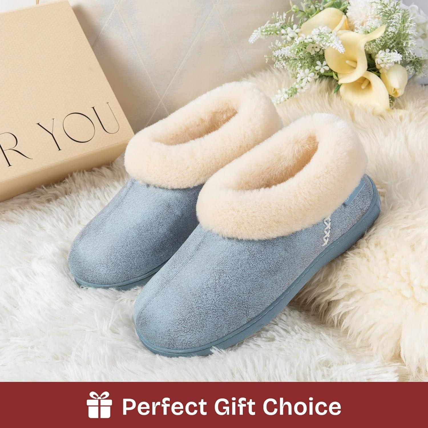EverFoams Women’s Microsuede Cozy Memory Foam Winter Slippers with Fuzzy Faux Fur Collar and Indoor Outdoor Rubber Sole(Blue)