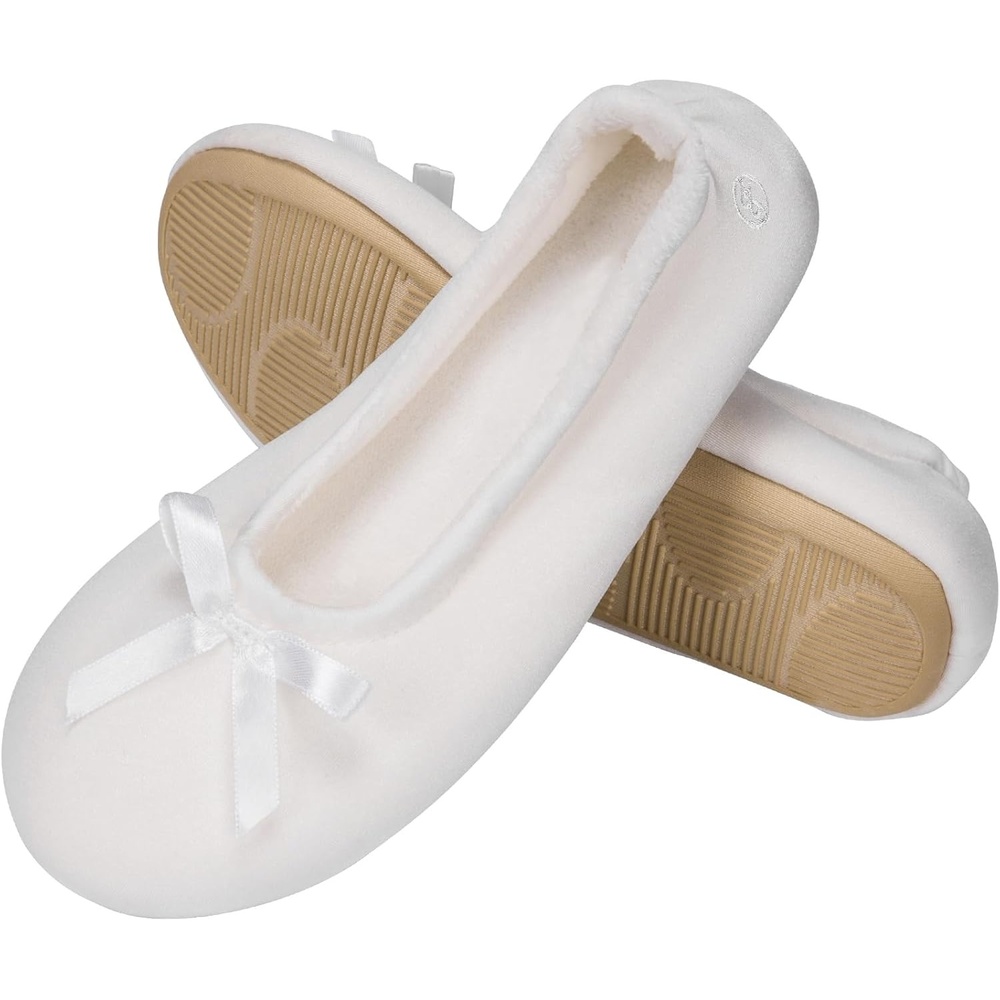 EverFoams Women’s Satin Memory Foam Ballerina Slippers Comfortable House Indoor Shoes with Non-slip Rubber Sole(White)