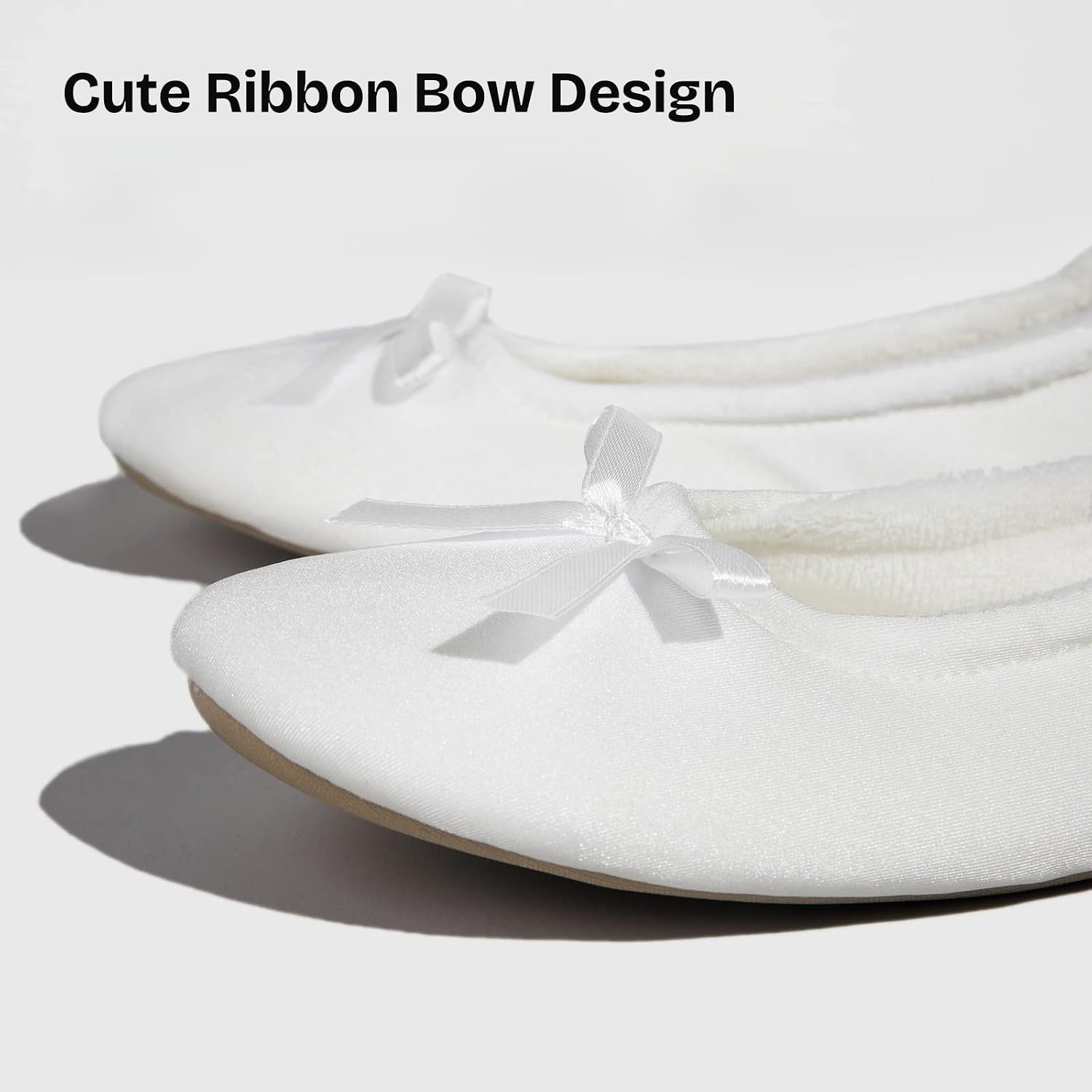 EverFoams Women’s Satin Memory Foam Ballerina Slippers Comfortable House Indoor Shoes with Non-slip Rubber Sole(White)
