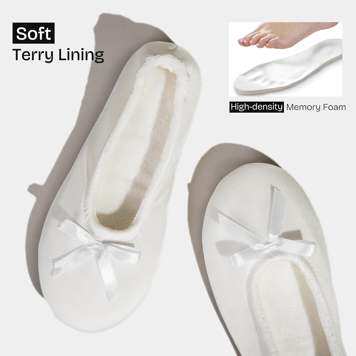 EverFoams Women’s Satin Memory Foam Ballerina Slippers Comfortable House Indoor Shoes with Non-slip Rubber Sole(White)