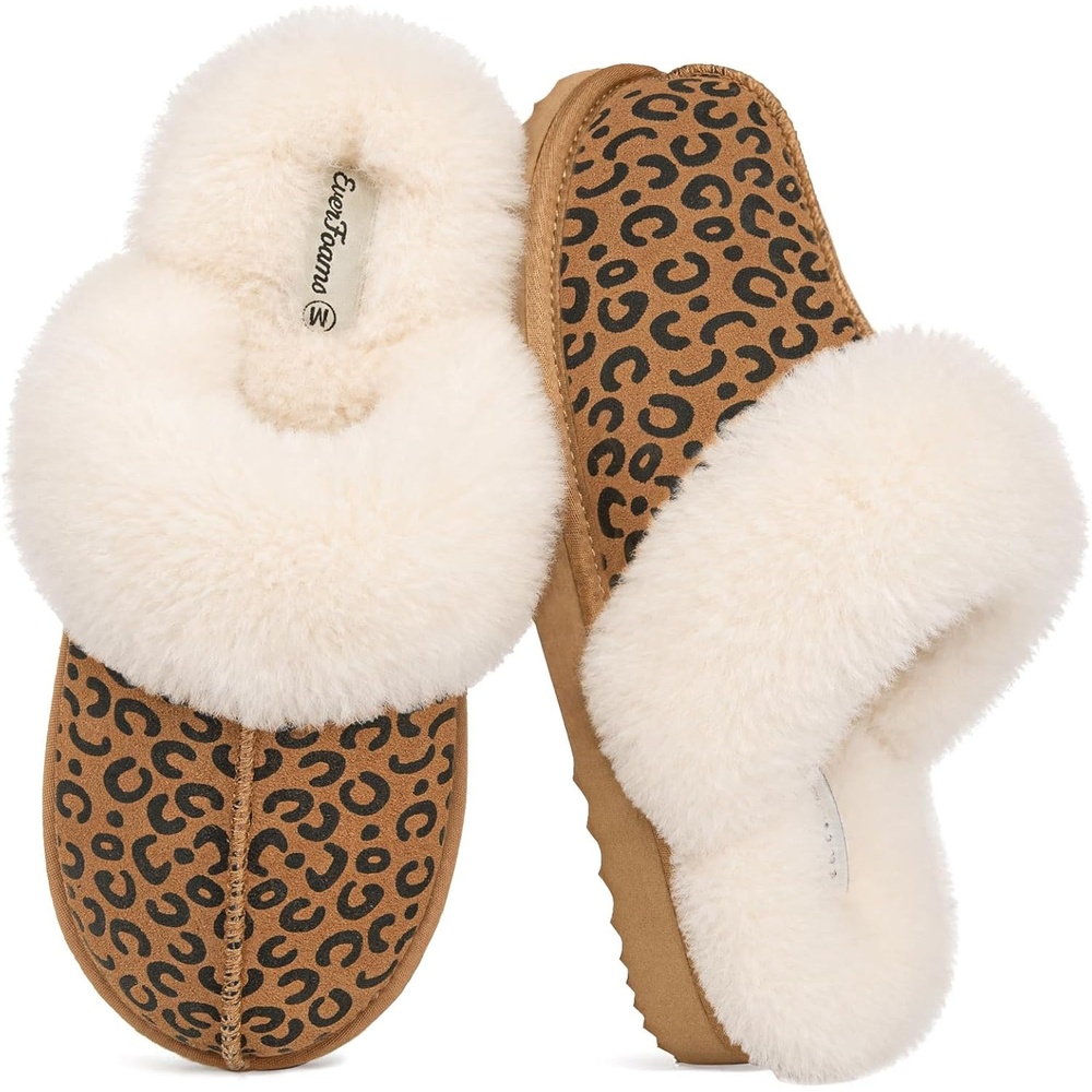 EverFoams Women’s Genuine Leather Wool House Slippers With Plush Collar(Leopard)