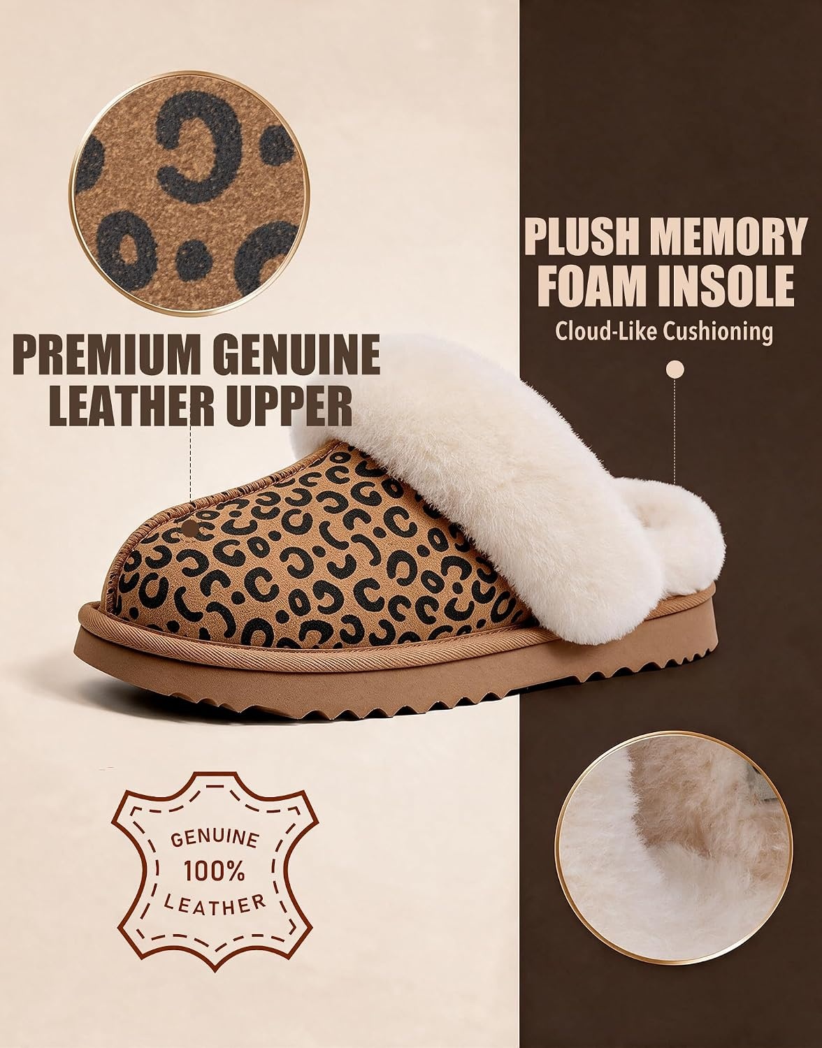 EverFoams Women’s Genuine Leather Wool House Slippers With Plush Collar(Leopard)