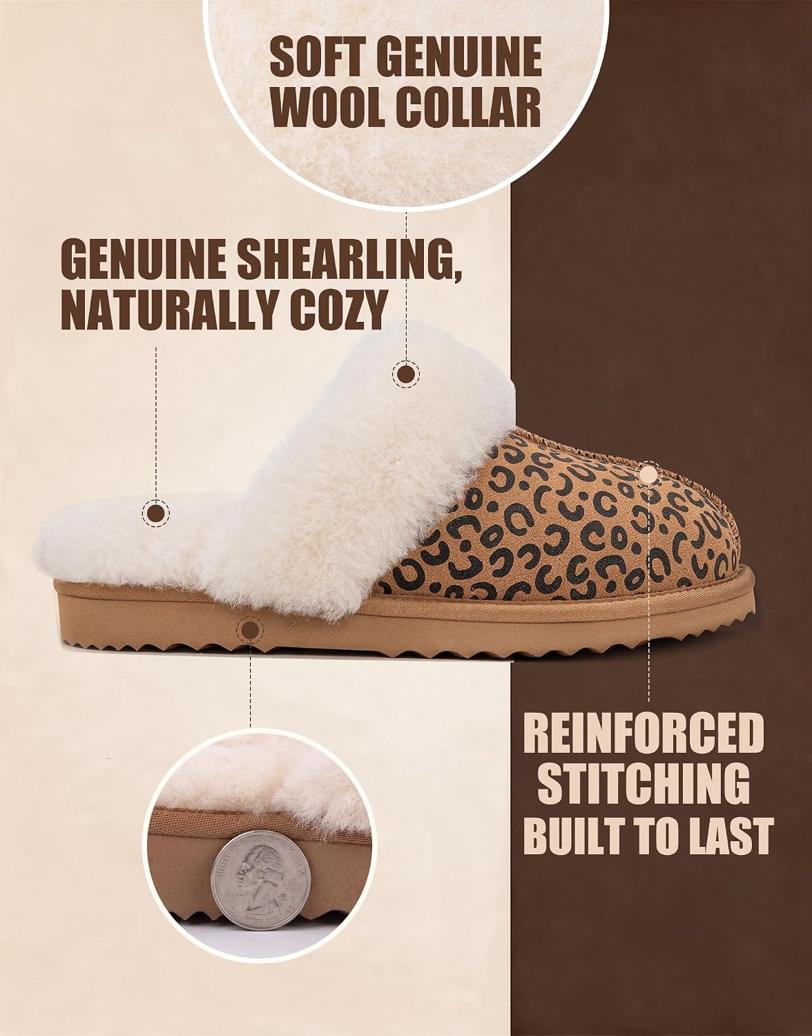 EverFoams Women’s Genuine Leather Wool House Slippers With Plush Collar(Leopard)