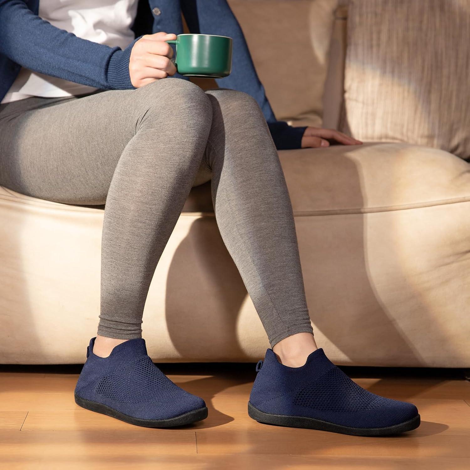 EverFoams Women’s Comfy Sock Weaving Style Loafer Slipper with Ultra Soft Rubber Sole Anti Slip Indoor and Oudoor House Shoes(Neon Navy)