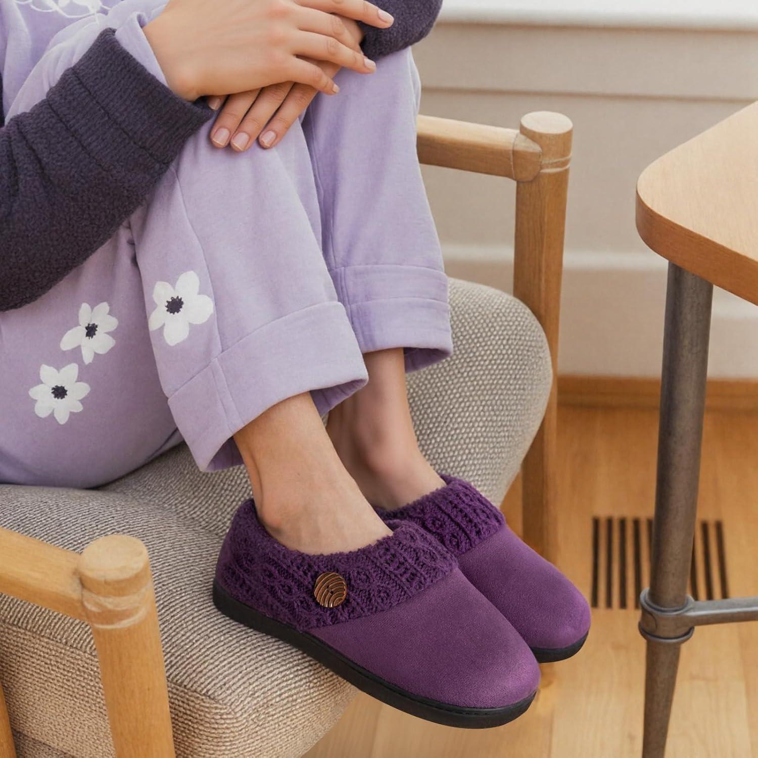EverFoams Women’s Microsuede Slippers Warm Comfy Memory Foam Indoor House Shoes with Knit Collar(Purple)