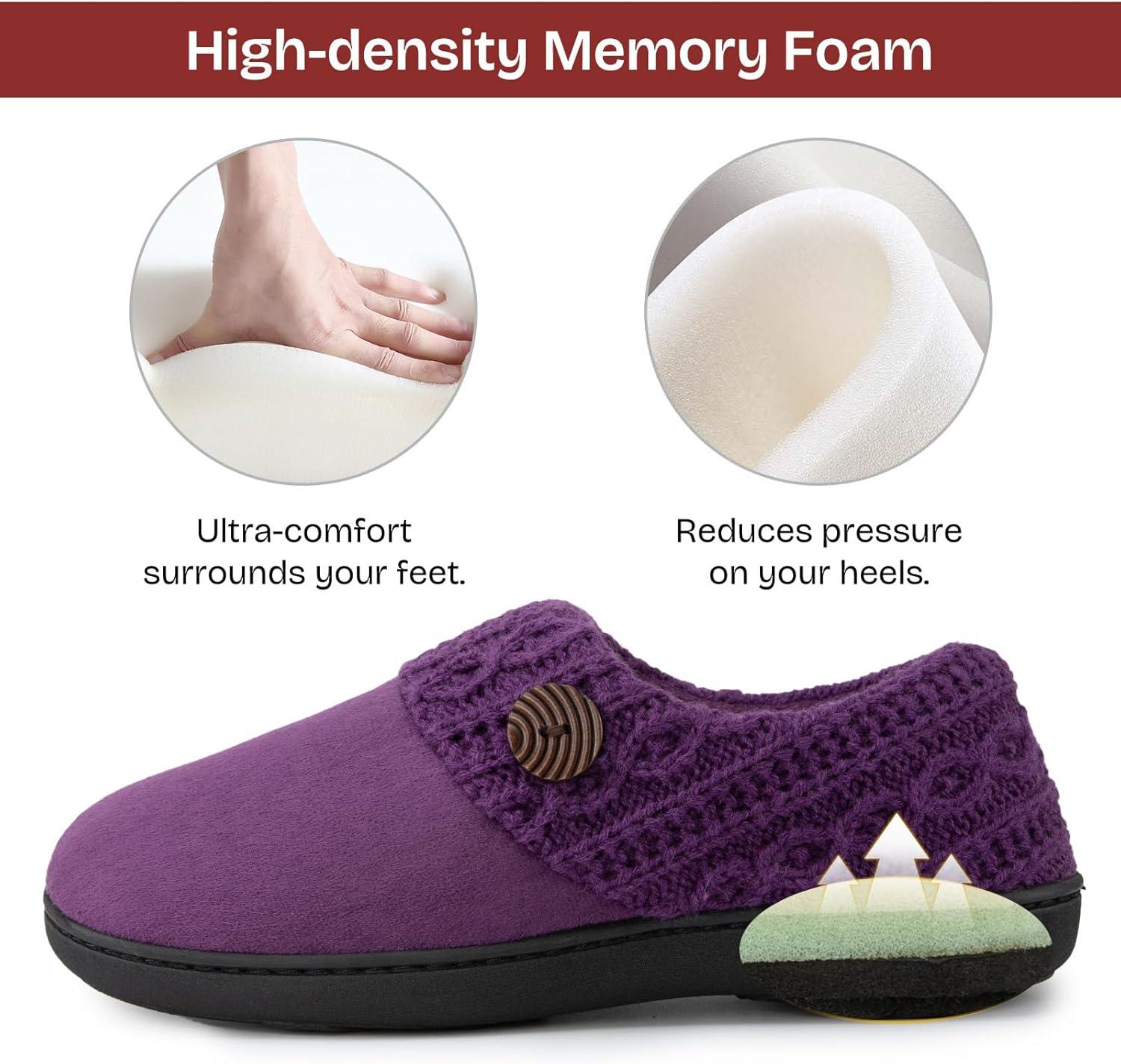 EverFoams Women’s Microsuede Slippers Warm Comfy Memory Foam Indoor House Shoes with Knit Collar(Purple)