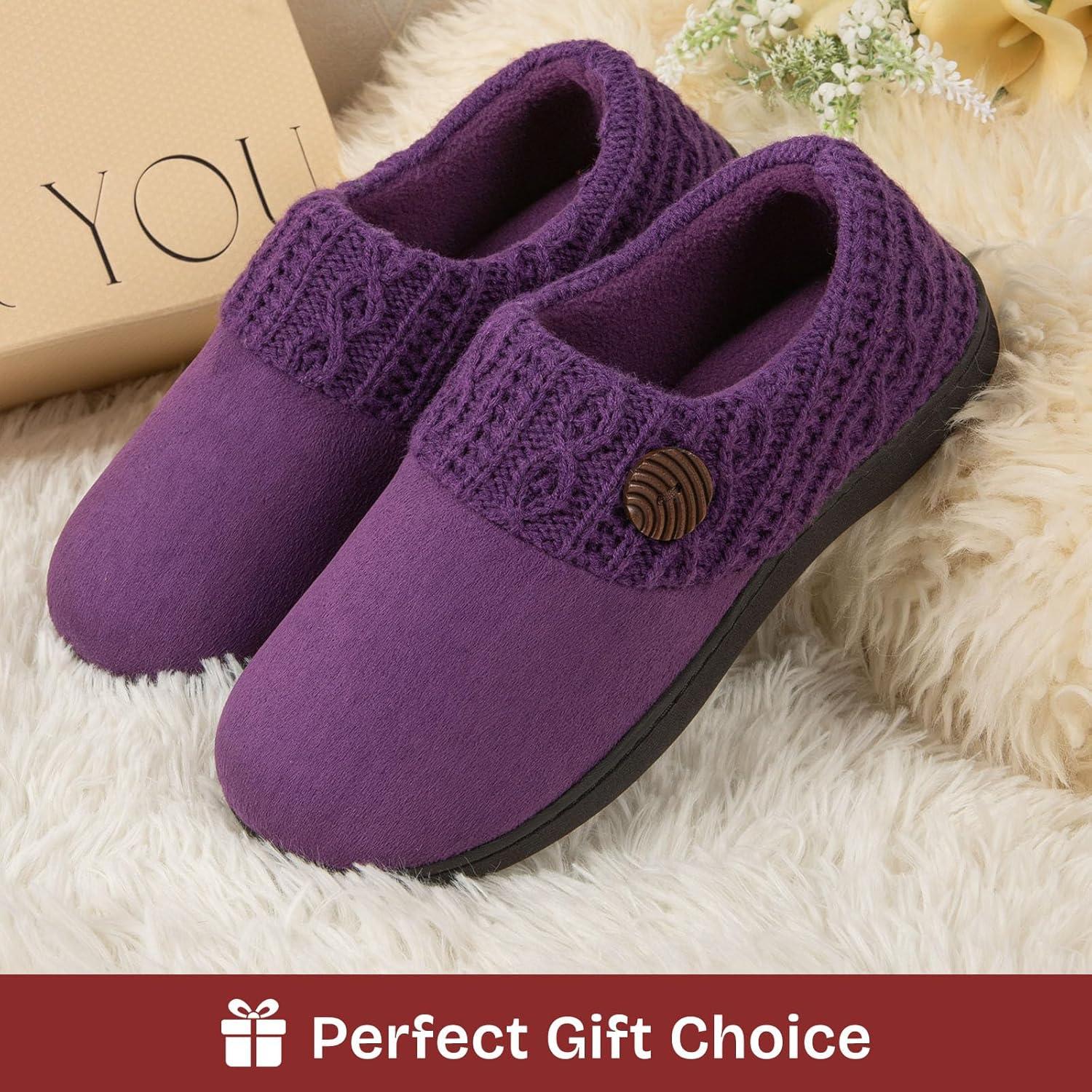 EverFoams Women’s Microsuede Slippers Warm Comfy Memory Foam Indoor House Shoes with Knit Collar(Purple)