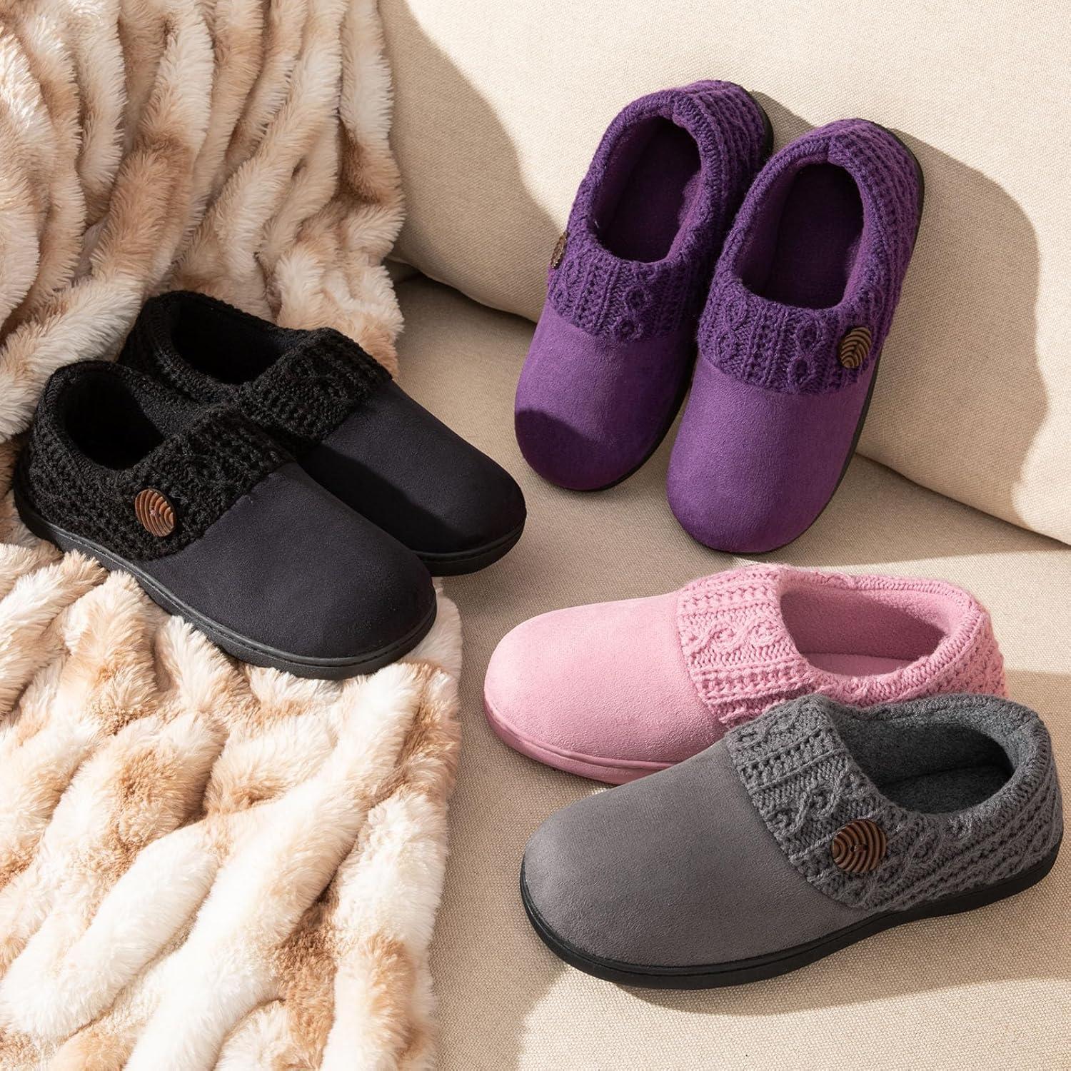 EverFoams Women’s Microsuede Slippers Warm Comfy Memory Foam Indoor House Shoes with Knit Collar(Purple)