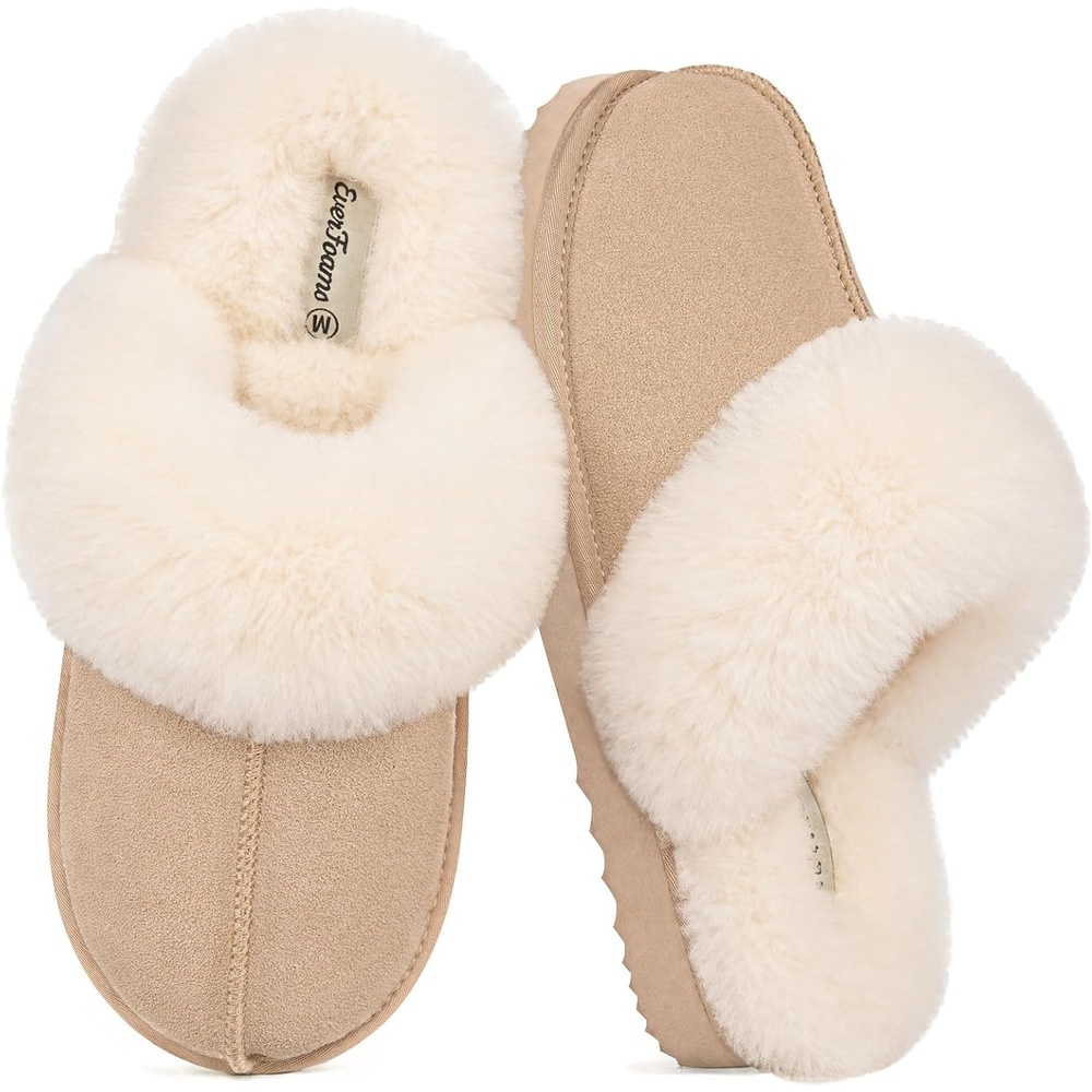 EverFoams Women’s Genuine Leather Wool House Slippers With Plush Collar(Beige)