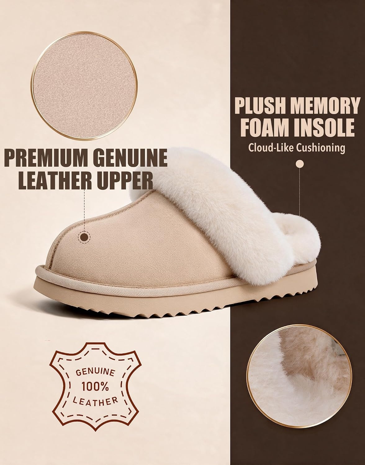 EverFoams Women’s Genuine Leather Wool House Slippers With Plush Collar(Beige)