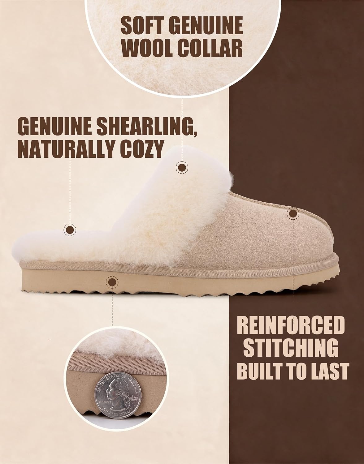 EverFoams Women’s Genuine Leather Wool House Slippers With Plush Collar(Beige)