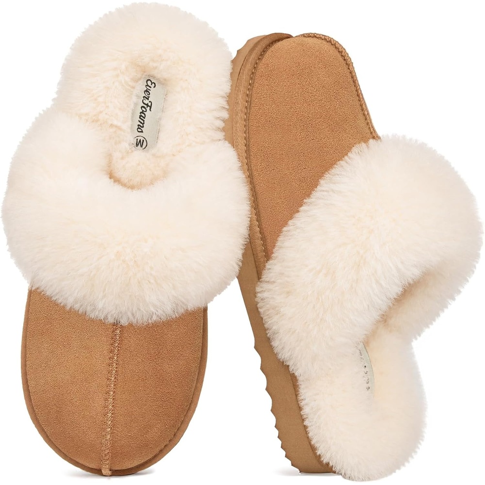 EverFoams Women’s Genuine Leather Wool House Slippers With Plush Collar(Auburn)