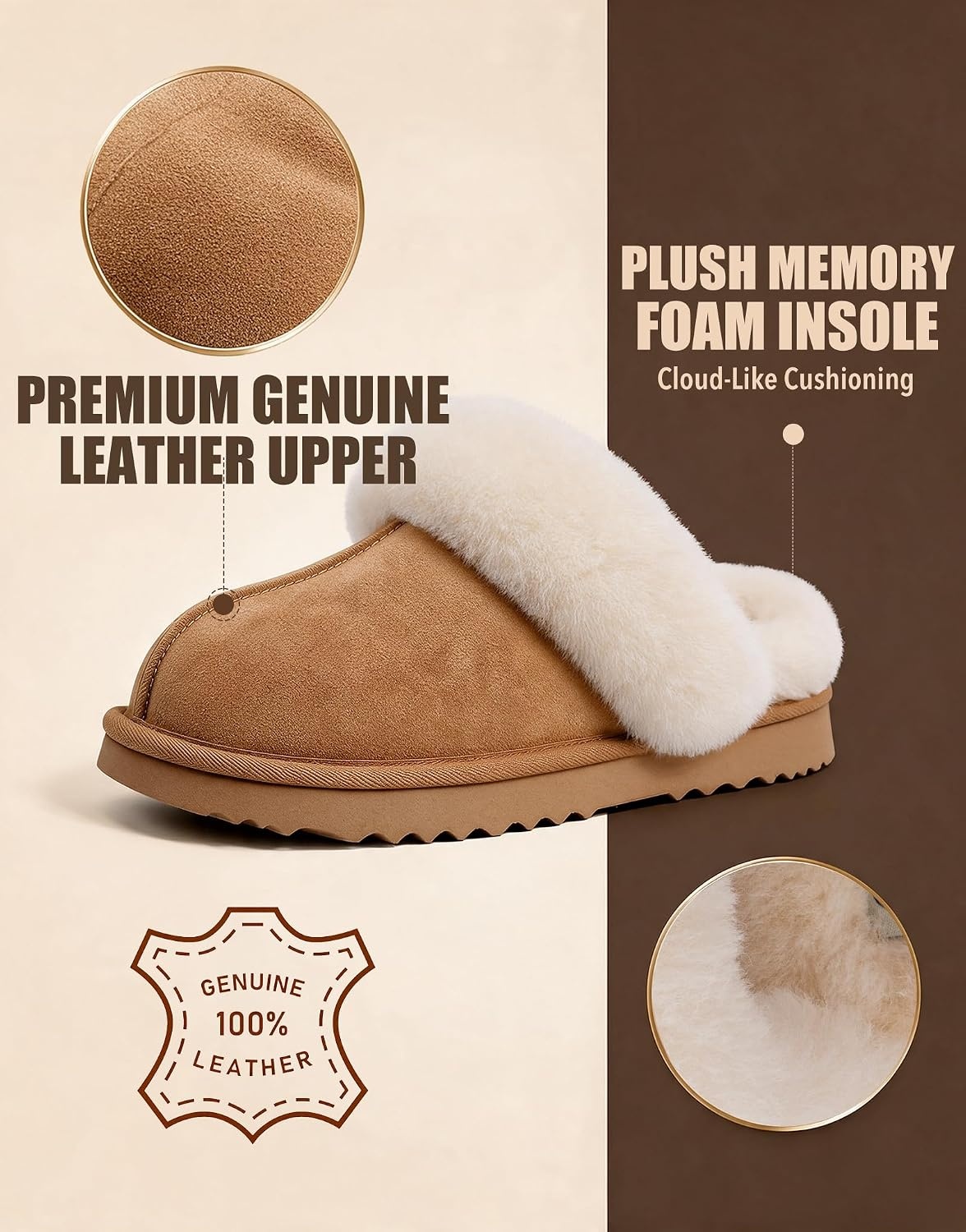 EverFoams Women’s Genuine Leather Wool House Slippers With Plush Collar(Auburn)