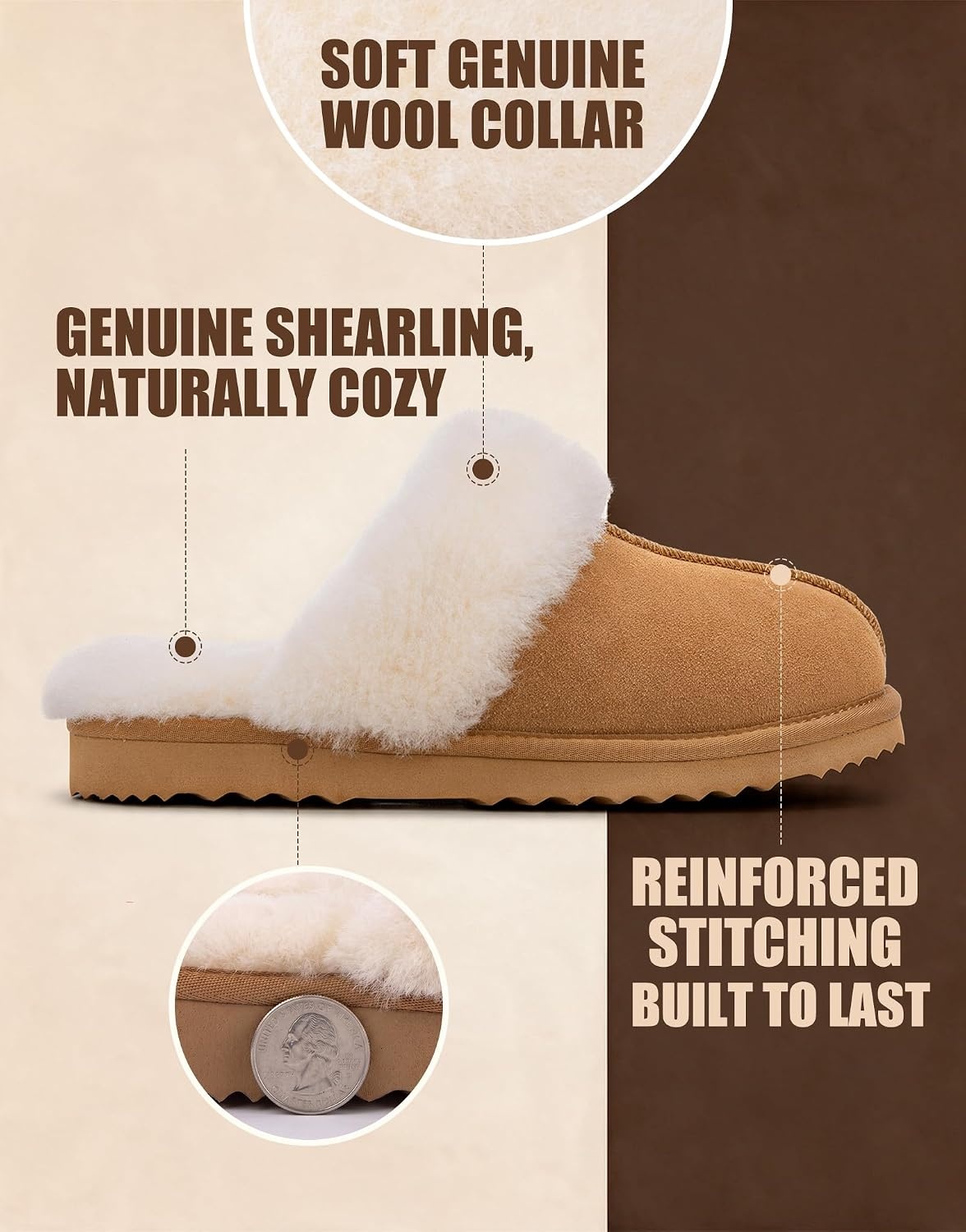 EverFoams Women’s Genuine Leather Wool House Slippers With Plush Collar(Auburn)