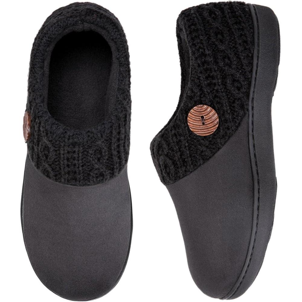 EverFoams Women’s Microsuede Slippers Warm Comfy Memory Foam Indoor House Shoes with Knit Collar(Mysterious Black)