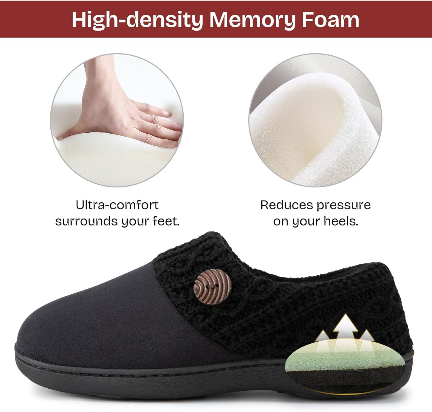 EverFoams Women’s Microsuede Slippers Warm Comfy Memory Foam Indoor House Shoes with Knit Collar(Mysterious Black)