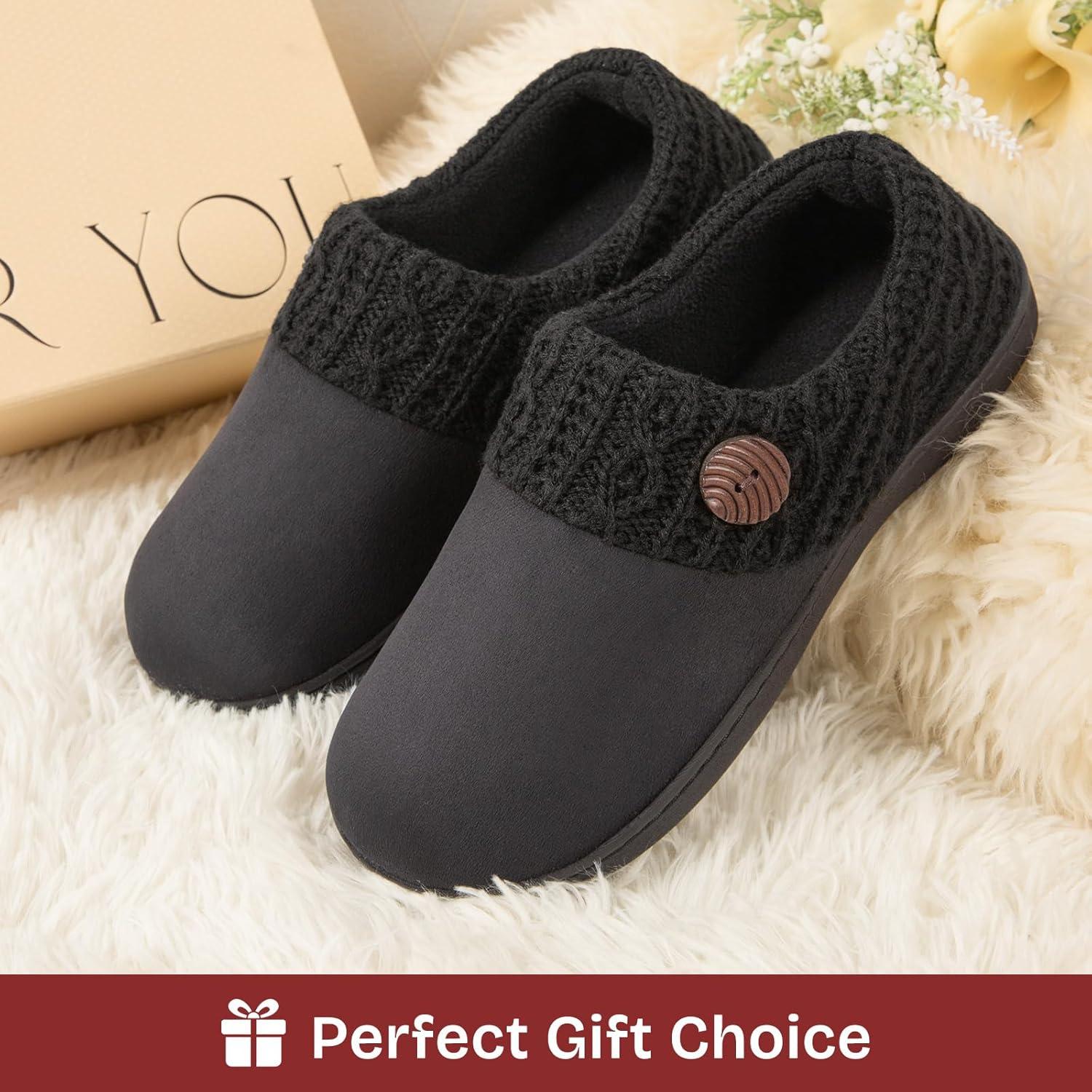 EverFoams Women’s Microsuede Slippers Warm Comfy Memory Foam Indoor House Shoes with Knit Collar(Mysterious Black)