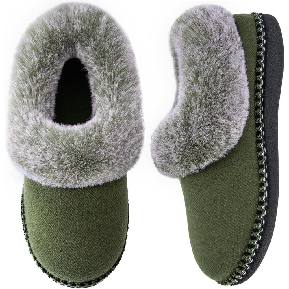 EverFoams Women’s Bootie Slippers Warm Soft Comfy Memory Foam Non-slip Indoor House Shoes with Fluffy Collar(Woodland Army Green)