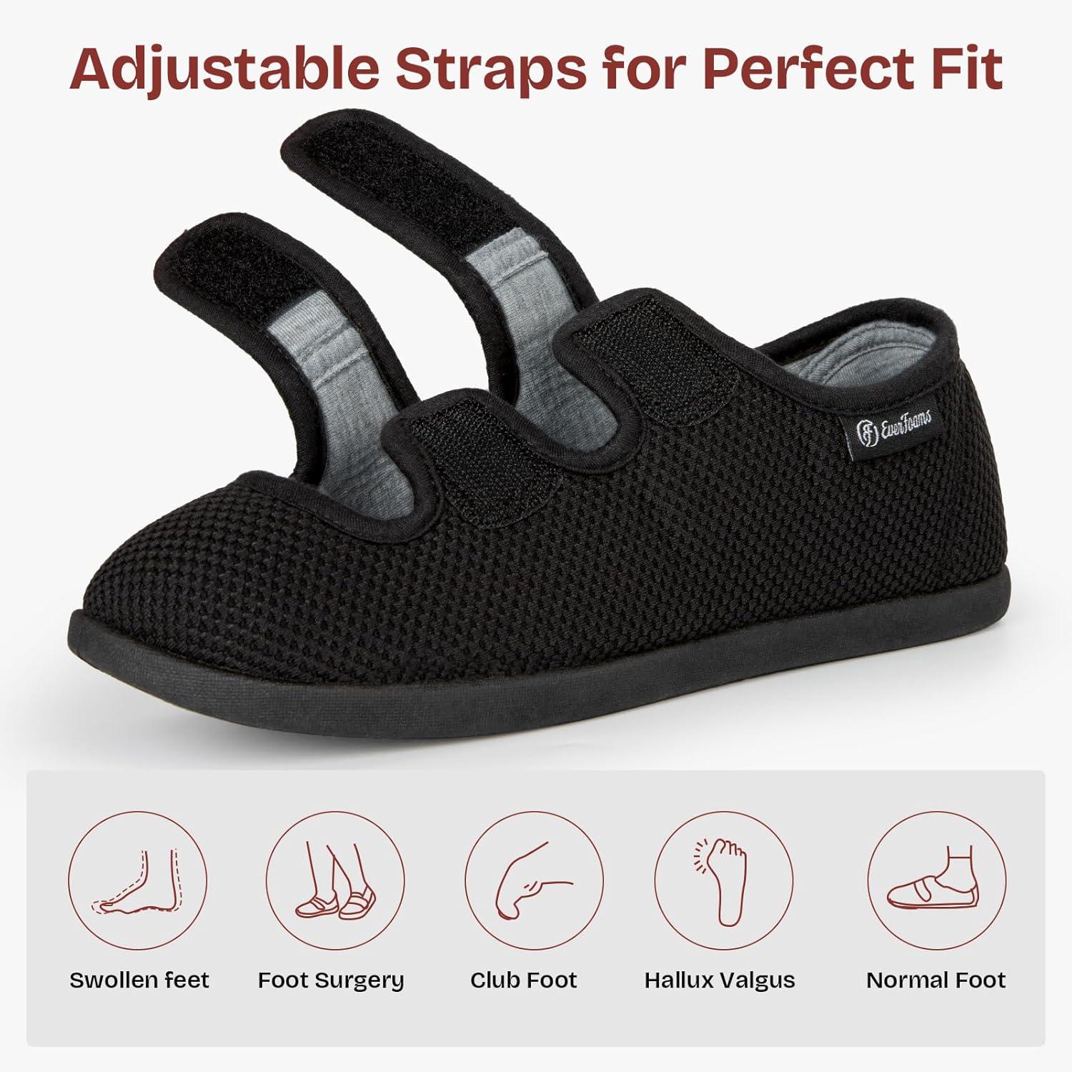 EverFoams Women’s Breathable Knitted Slippers Adjustable Hook and Loop Straps Indoor House Shoes for Diabetic Swollen Feet