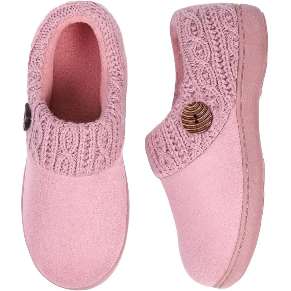 EverFoams Women’s Microsuede Slippers Warm Comfy Memory Foam Indoor House Shoes with Knit Collar(Pink)