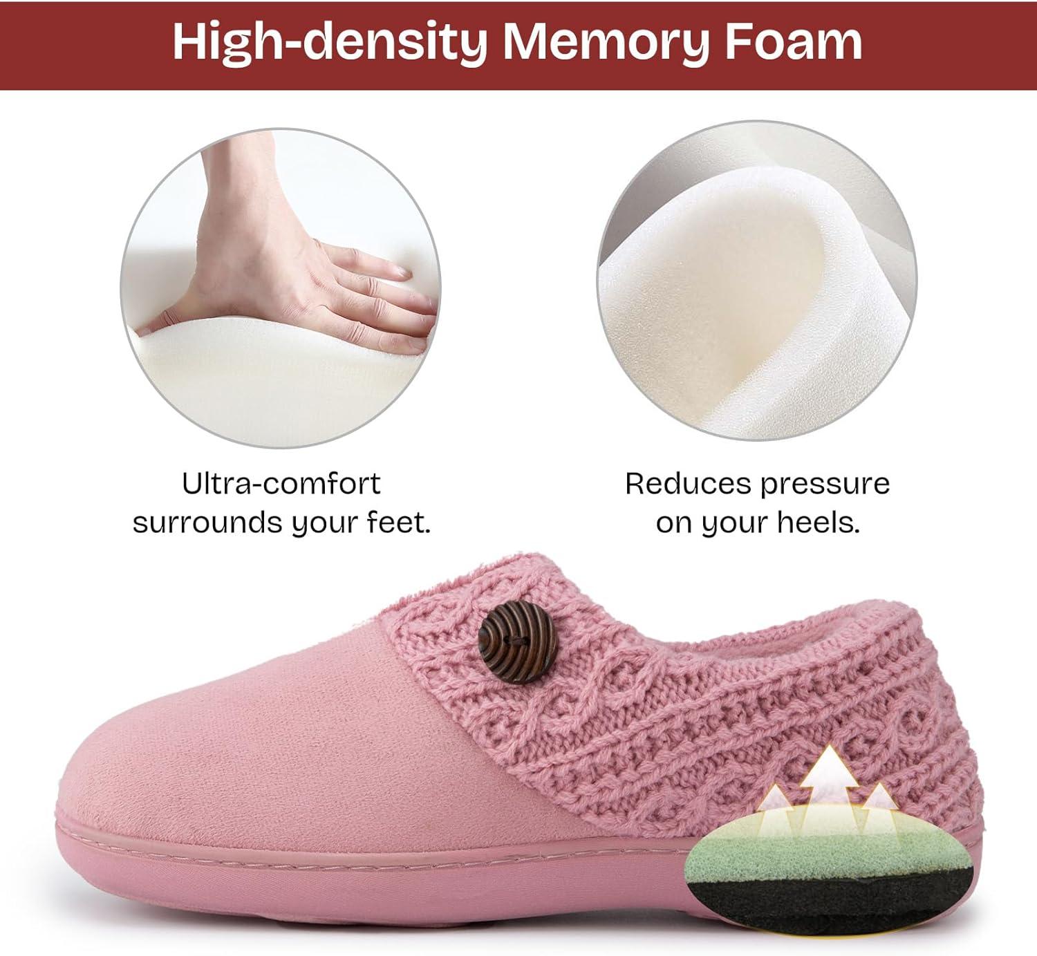 EverFoams Women’s Microsuede Slippers Warm Comfy Memory Foam Indoor House Shoes with Knit Collar(Pink)