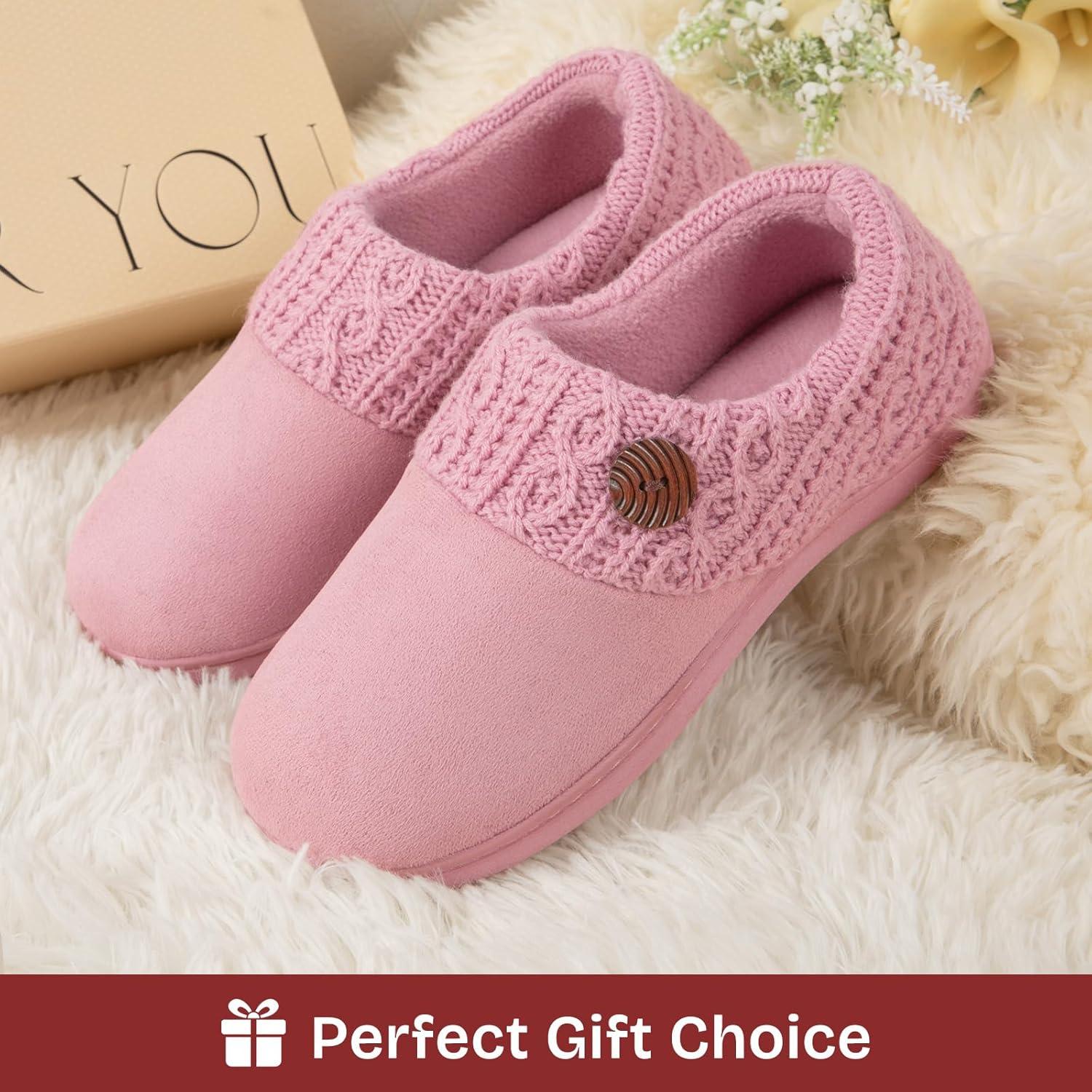 EverFoams Women’s Microsuede Slippers Warm Comfy Memory Foam Indoor House Shoes with Knit Collar(Pink)