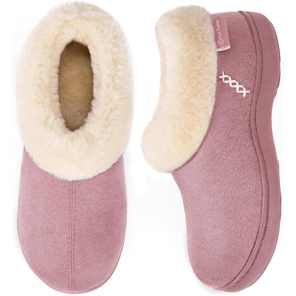 EverFoams Women’s Microsuede Cozy Memory Foam Winter Slippers with Fuzzy Faux Fur Collar and Indoor Outdoor Rubber Sole(Baby Pink)