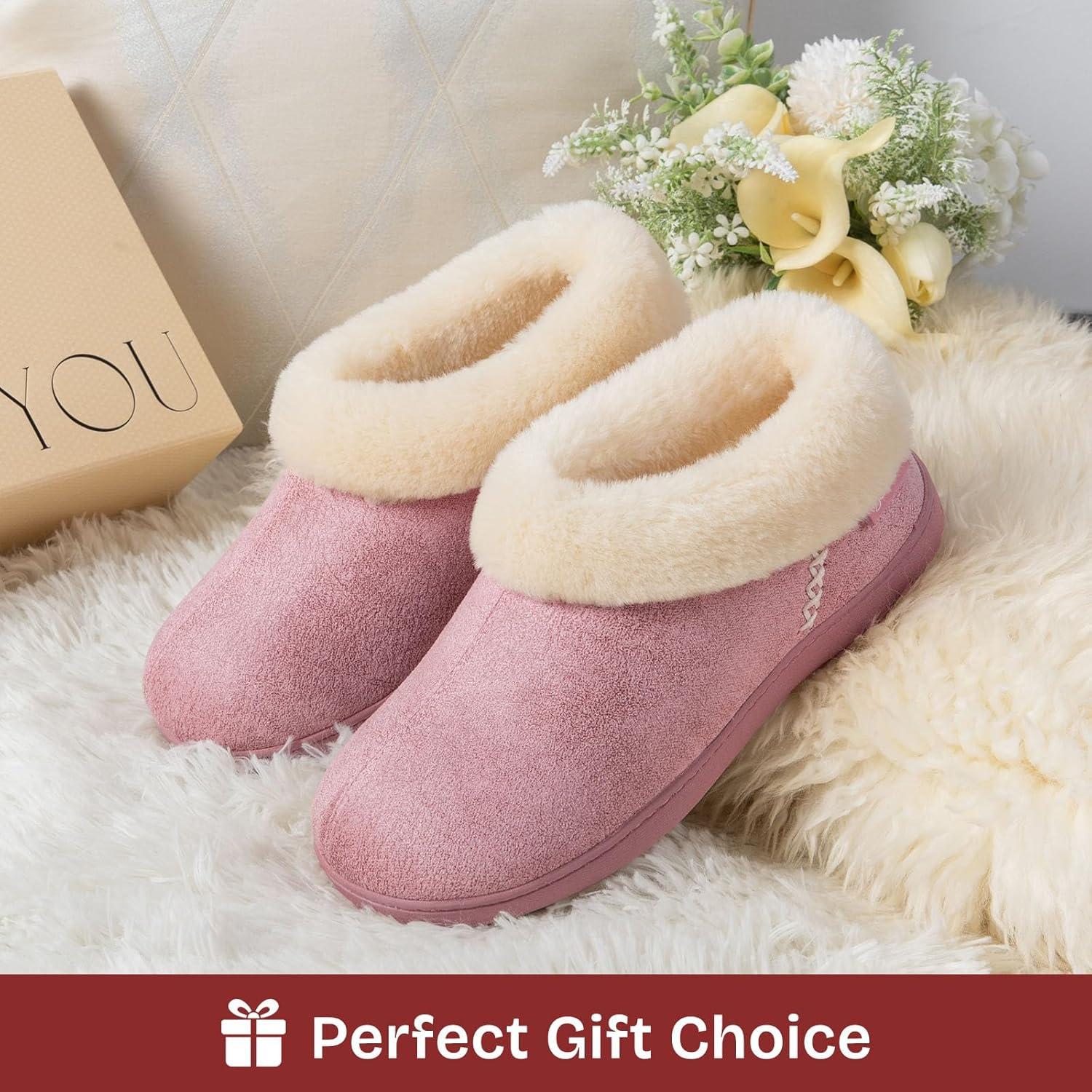 EverFoams Women’s Microsuede Cozy Memory Foam Winter Slippers with Fuzzy Faux Fur Collar and Indoor Outdoor Rubber Sole(Baby Pink)