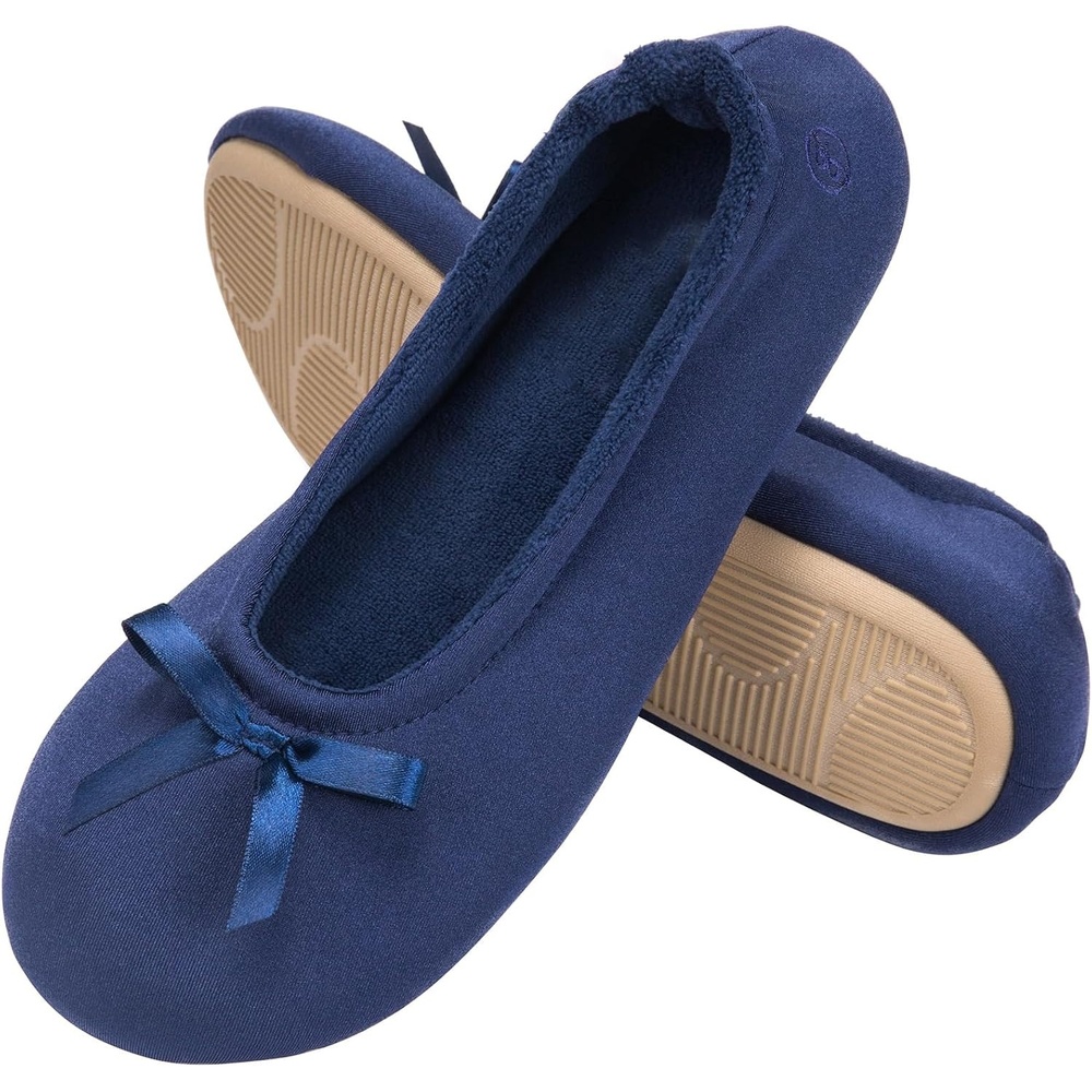 EverFoams Women’s Satin Memory Foam Ballerina Slippers Comfortable House Indoor Shoes with Non-slip Rubber Sole(Navy Blue)