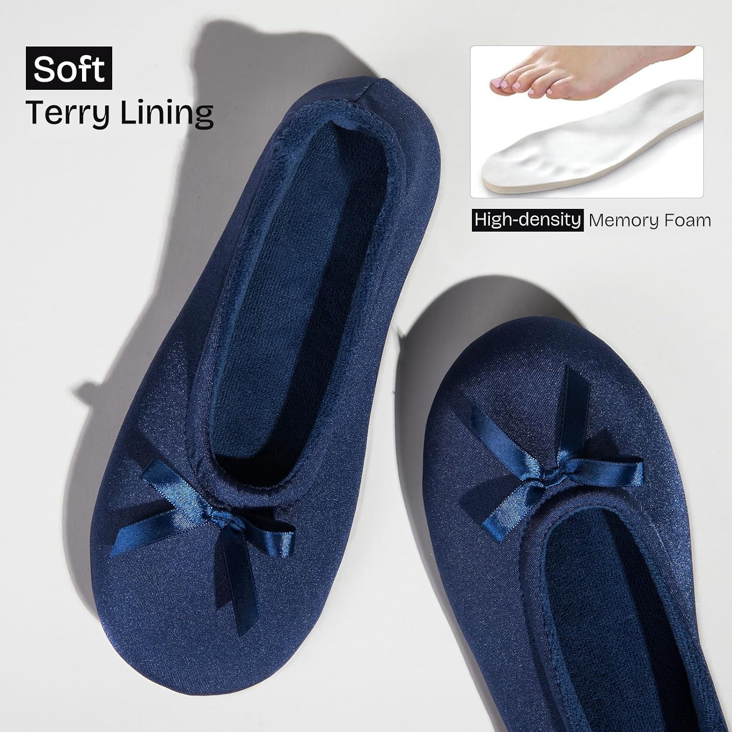 EverFoams Women’s Satin Memory Foam Ballerina Slippers Comfortable House Indoor Shoes with Non-slip Rubber Sole(Navy Blue)