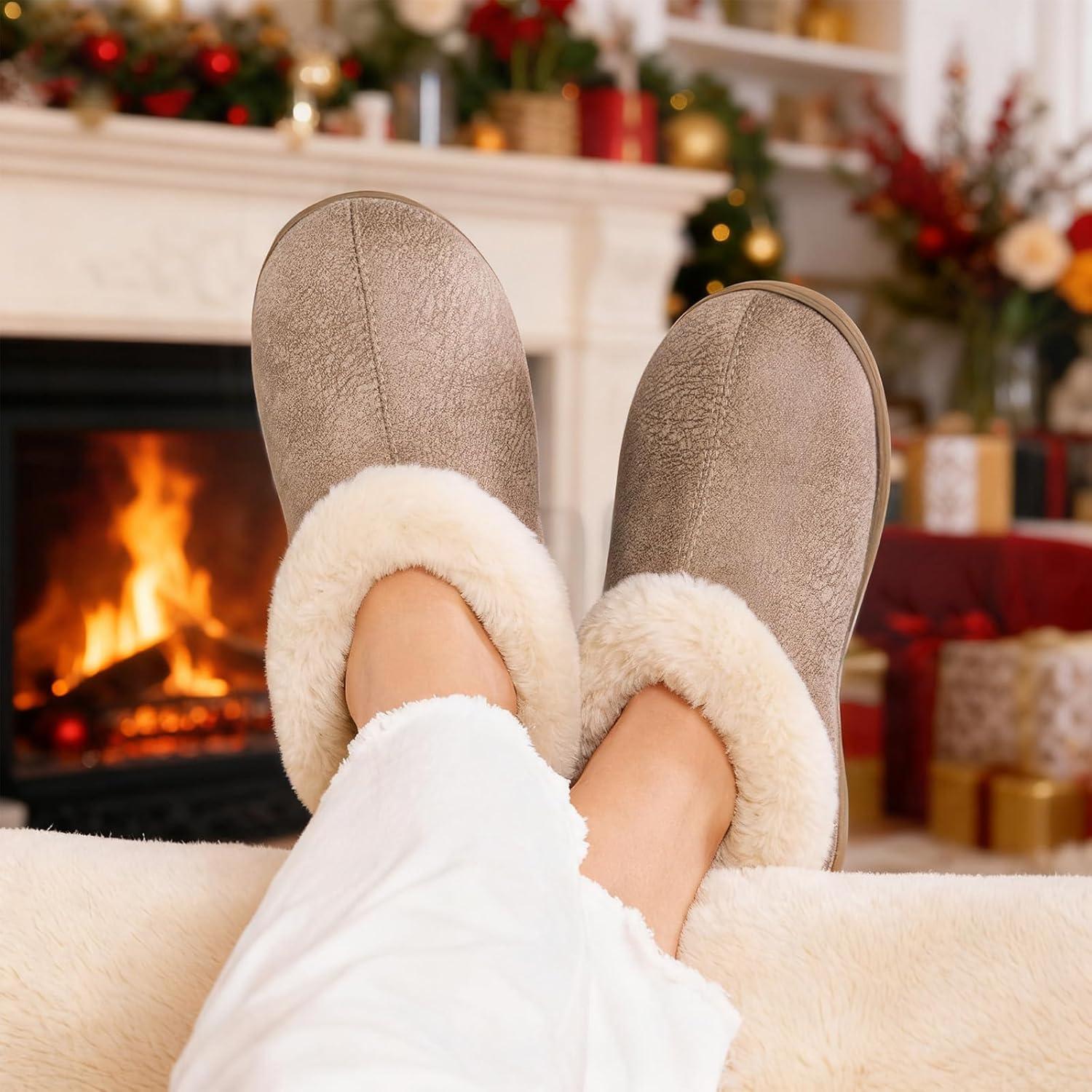 EverFoams Women’s Microsuede Cozy Memory Foam Winter Slippers with Fuzzy Faux Fur Collar and Indoor Outdoor Rubber Sole(Taupe)
