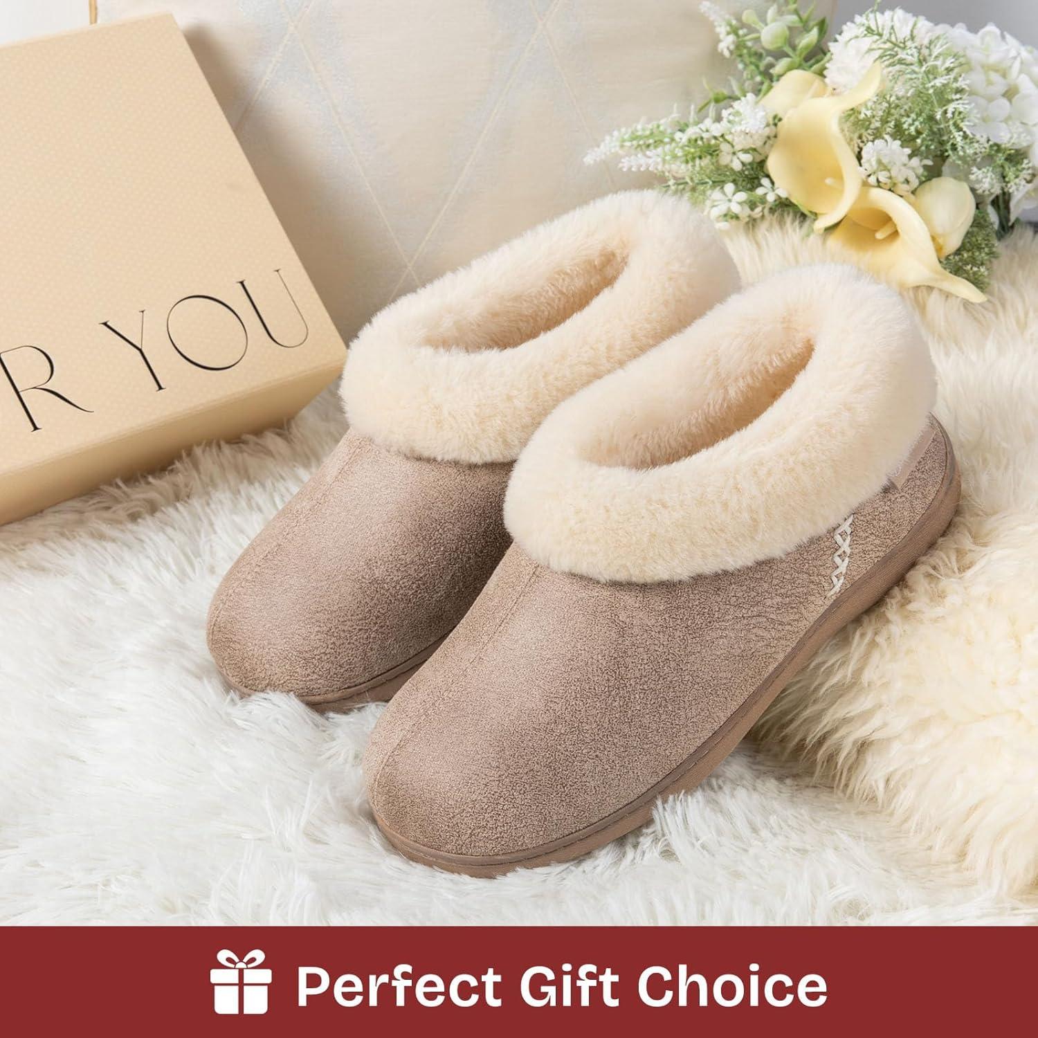 EverFoams Women’s Microsuede Cozy Memory Foam Winter Slippers with Fuzzy Faux Fur Collar and Indoor Outdoor Rubber Sole(Taupe)