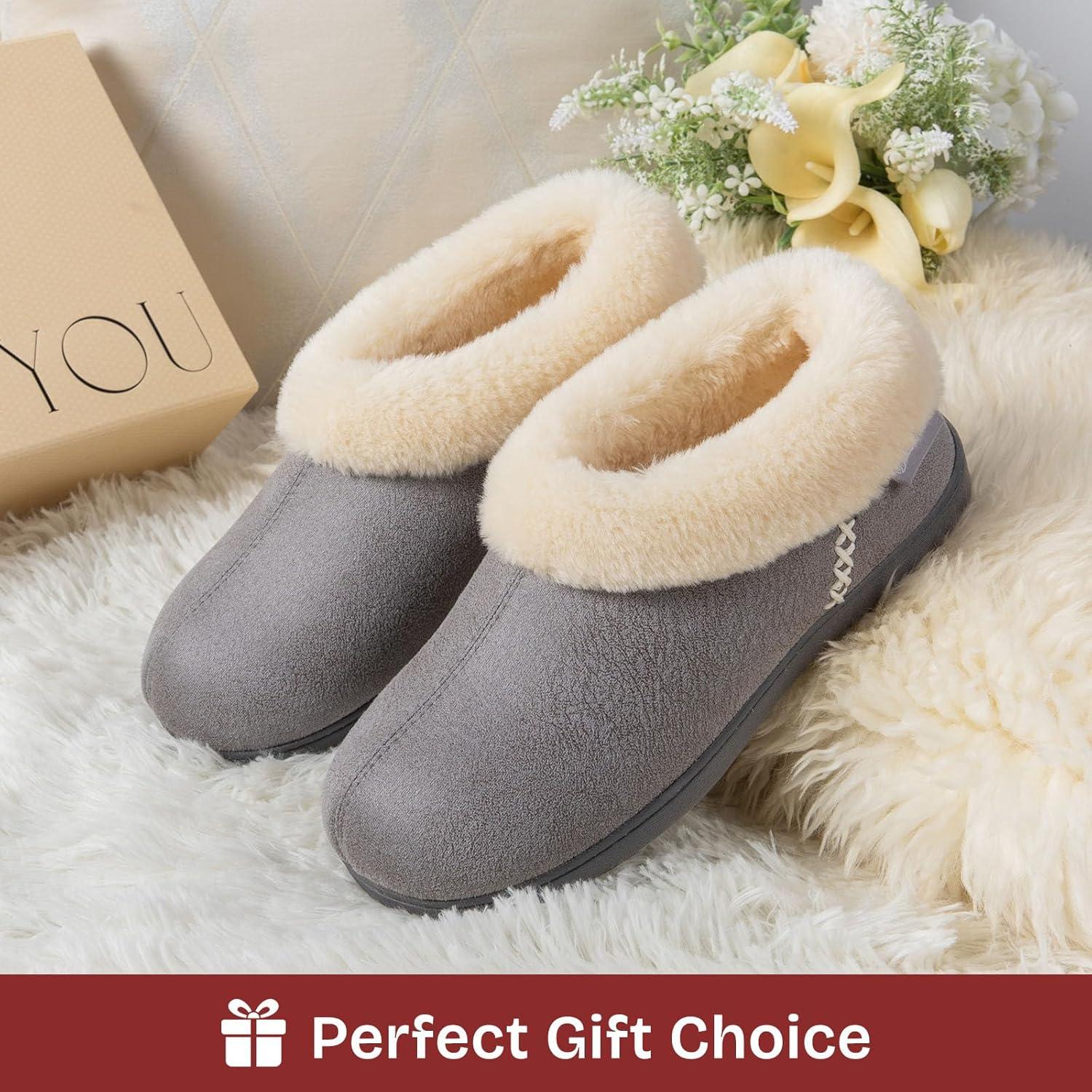 EverFoams Women’s Microsuede Cozy Memory Foam Winter Slippers with Fuzzy Faux Fur Collar and Indoor Outdoor Rubber Sole(Grey)