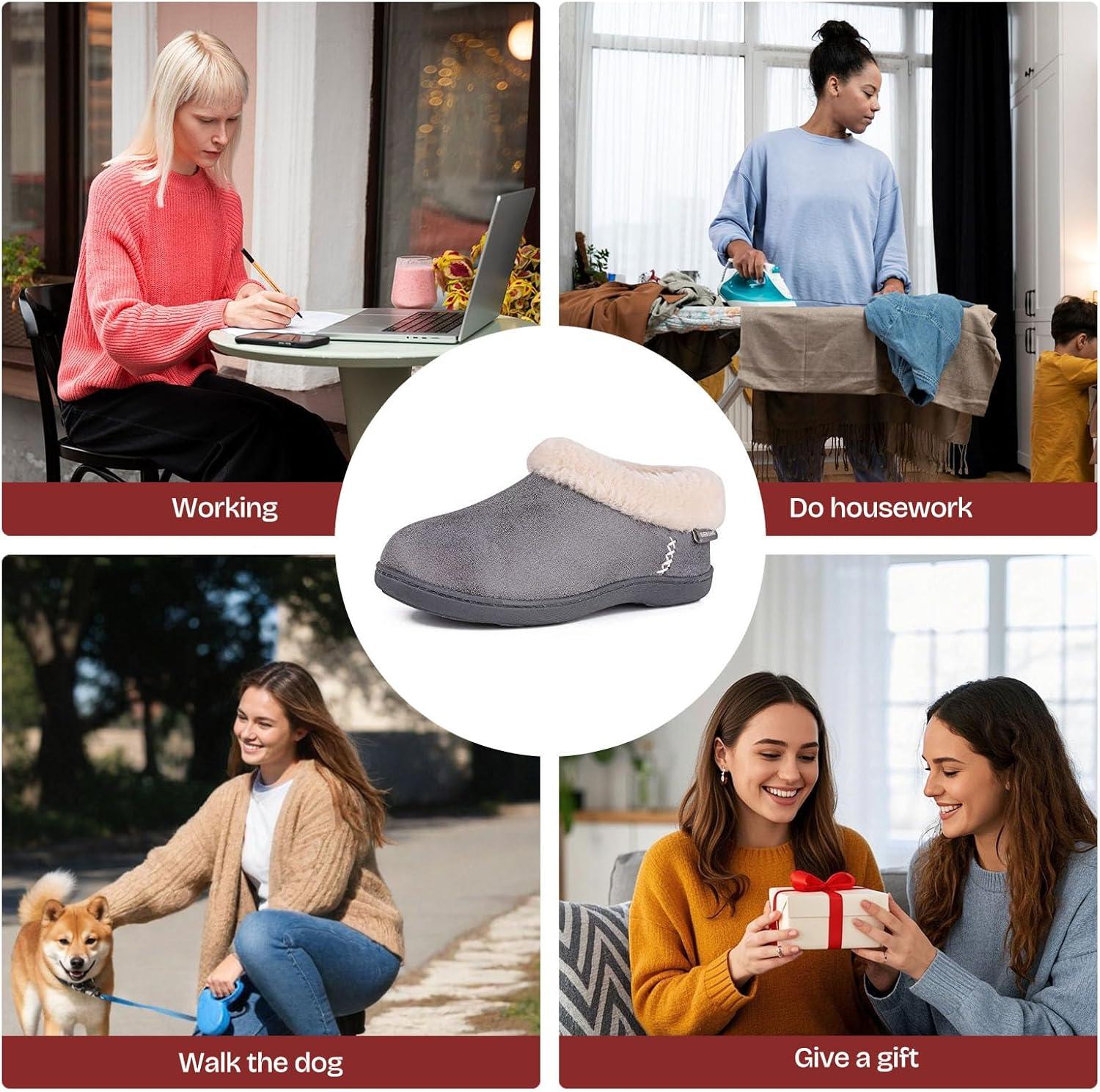 EverFoams Women’s Microsuede Cozy Memory Foam Winter Slippers with Fuzzy Faux Fur Collar and Indoor Outdoor Rubber Sole(Grey)
