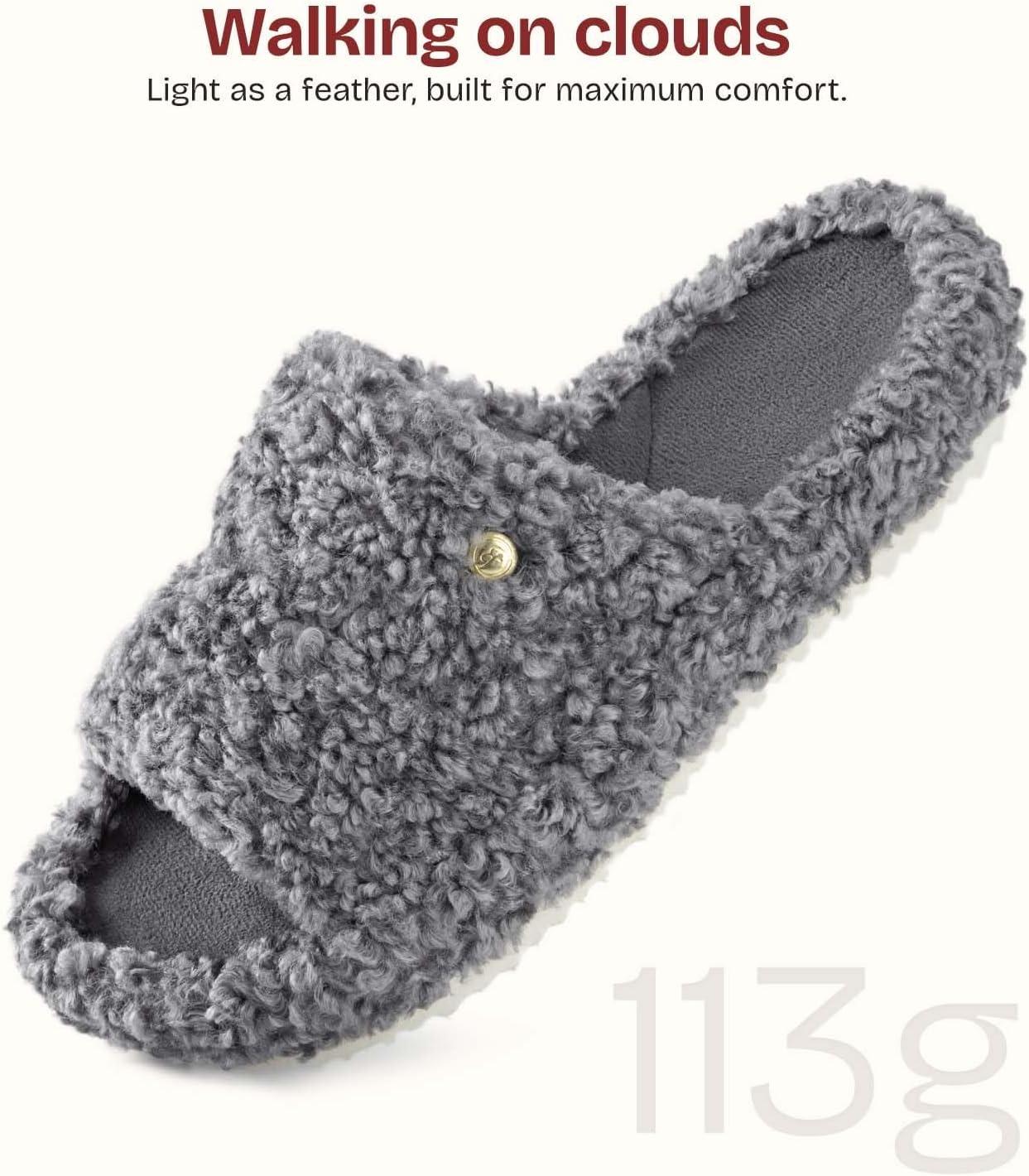 EverFoams Women’s Fashionable Open-toe Slippers with Cozy Plush Non-Slip Sole(Ash Gray)