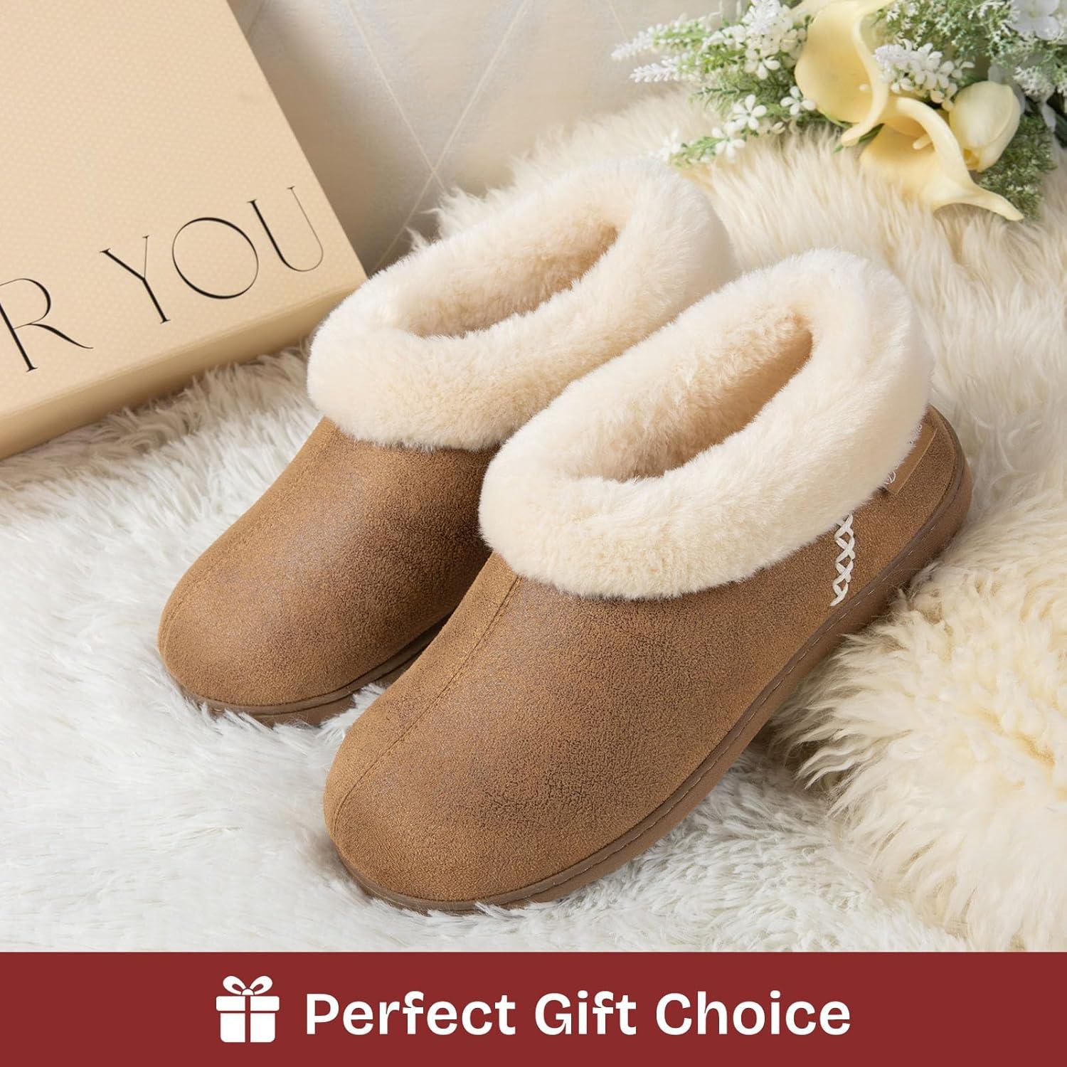 EverFoams Women’s Microsuede Cozy Memory Foam Winter Slippers with Fuzzy Faux Fur Collar and Indoor Outdoor Rubber Sole(Tan)