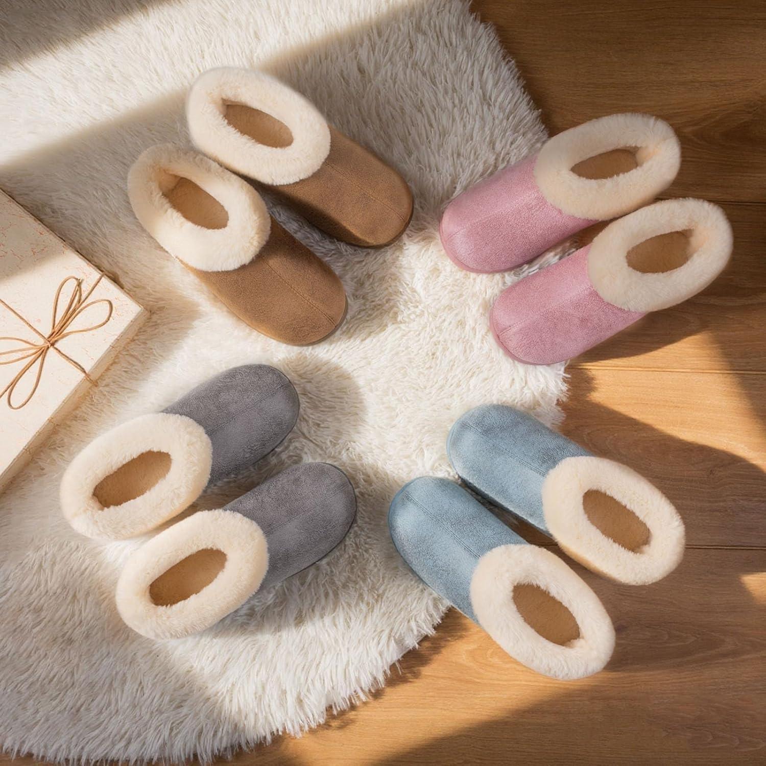 EverFoams Women’s Microsuede Cozy Memory Foam Winter Slippers with Fuzzy Faux Fur Collar and Indoor Outdoor Rubber Sole(Tan)