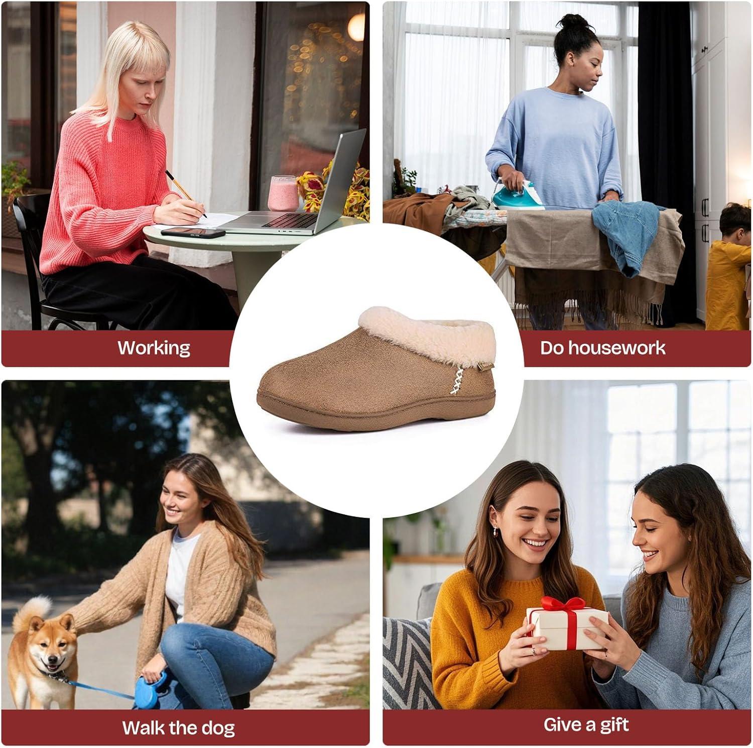 EverFoams Women’s Microsuede Cozy Memory Foam Winter Slippers with Fuzzy Faux Fur Collar and Indoor Outdoor Rubber Sole(Tan)