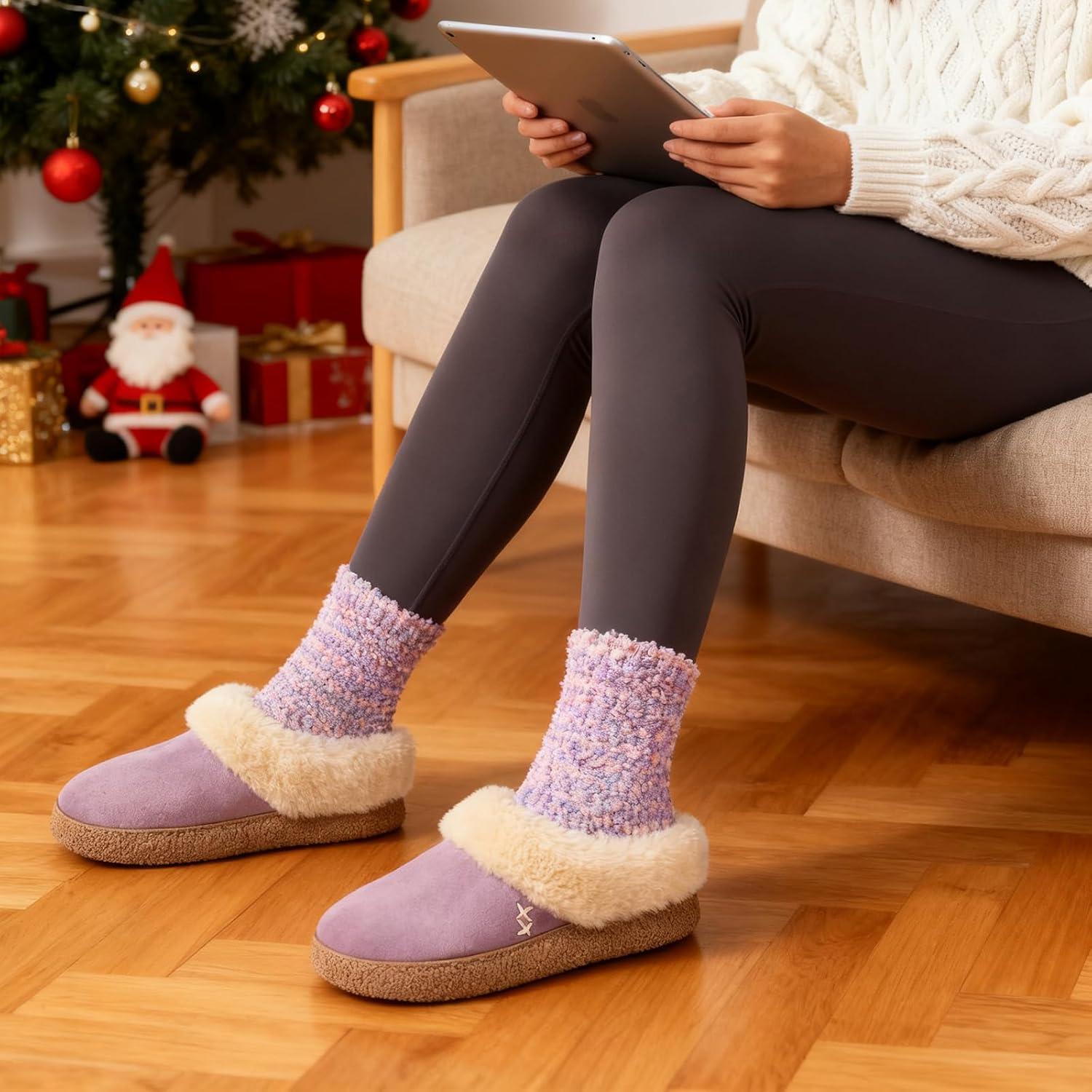 EverFoams Women’s Microsuede Slippers Comfy Memory Foam Non-slip Indoor House Shoes with Fuzzy Collar(Purple)