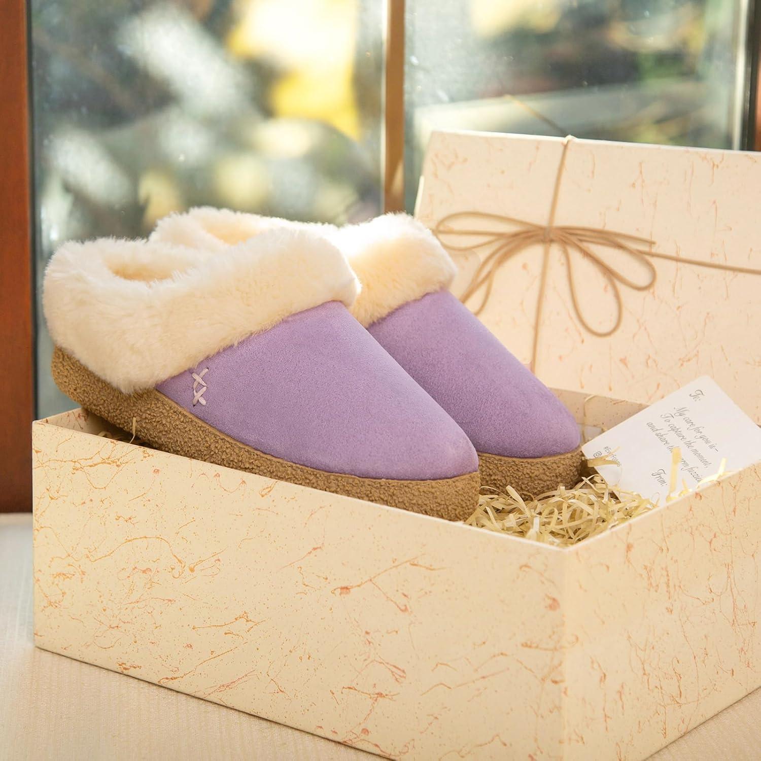EverFoams Women’s Microsuede Slippers Comfy Memory Foam Non-slip Indoor House Shoes with Fuzzy Collar(Purple)
